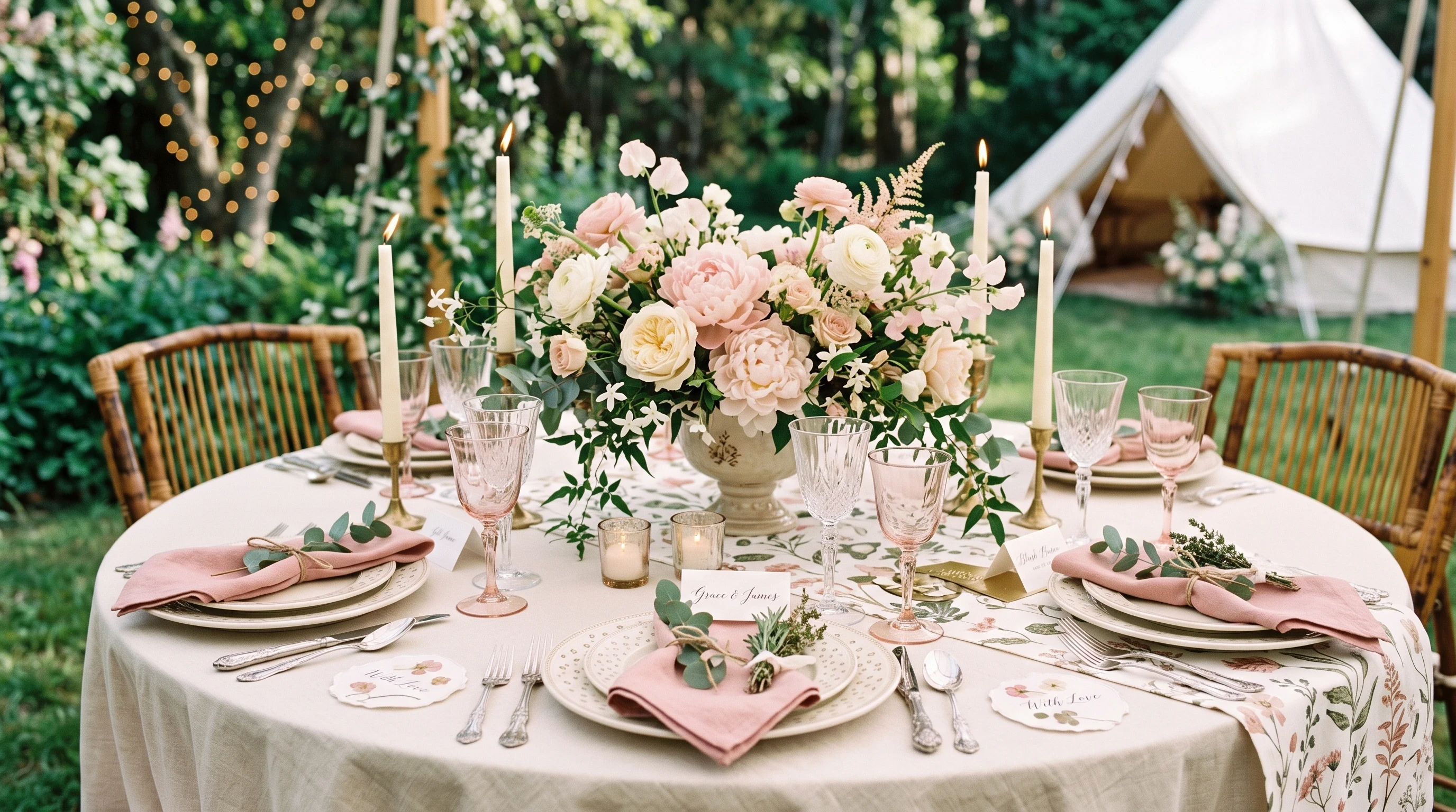Boho Wedding for Blush and Cream Botanical Table Setting