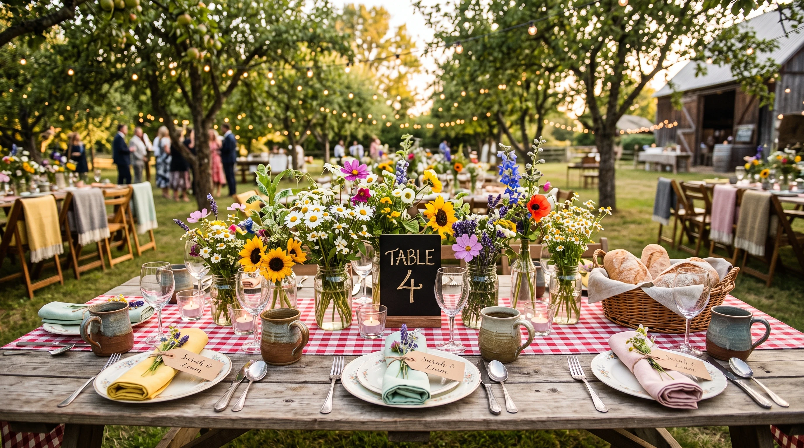 Country Boho Wedding Table Setting with Gingham and Wildflowers