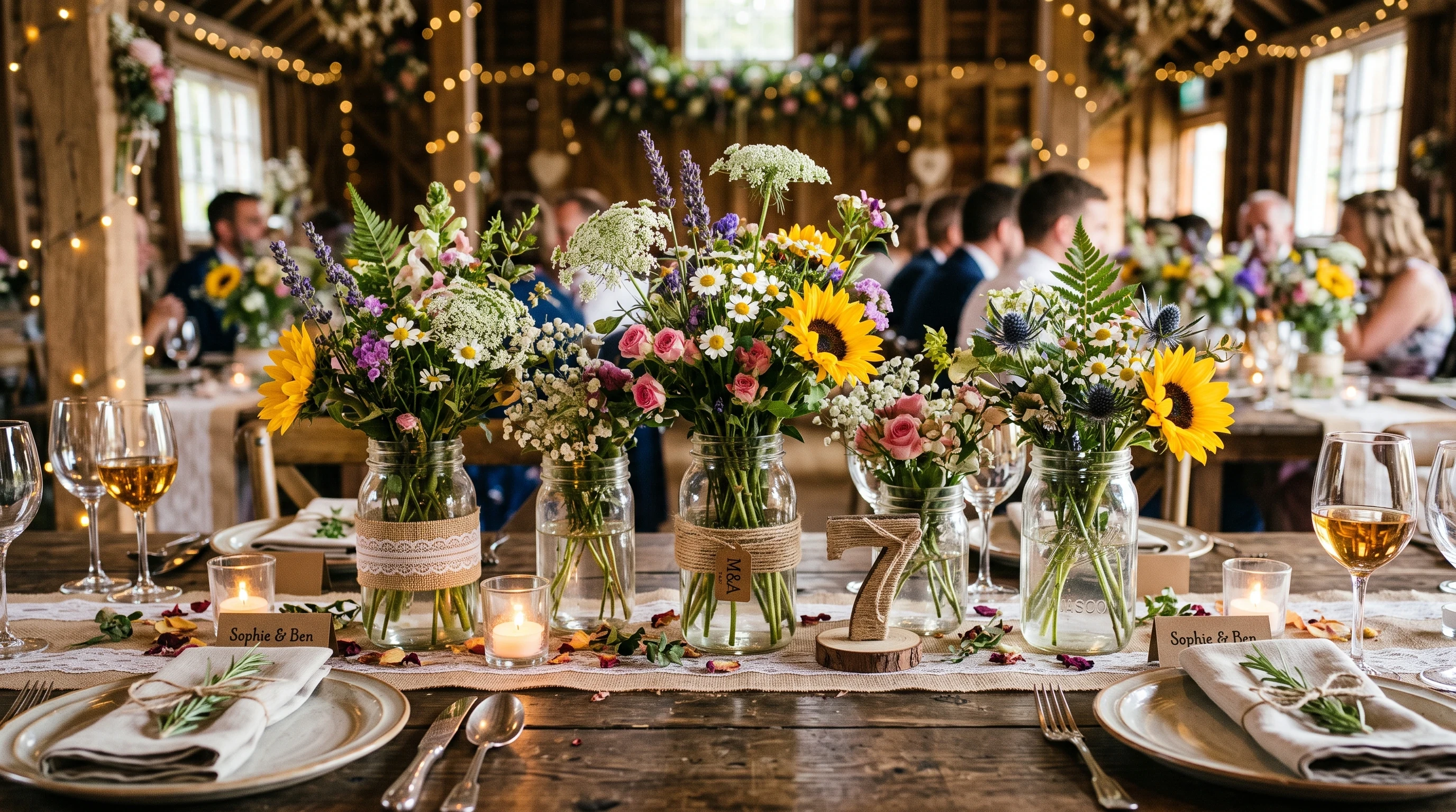 Rustic Wedding Reception Ideas for Mason Jar Centerpieces With Wildflowers