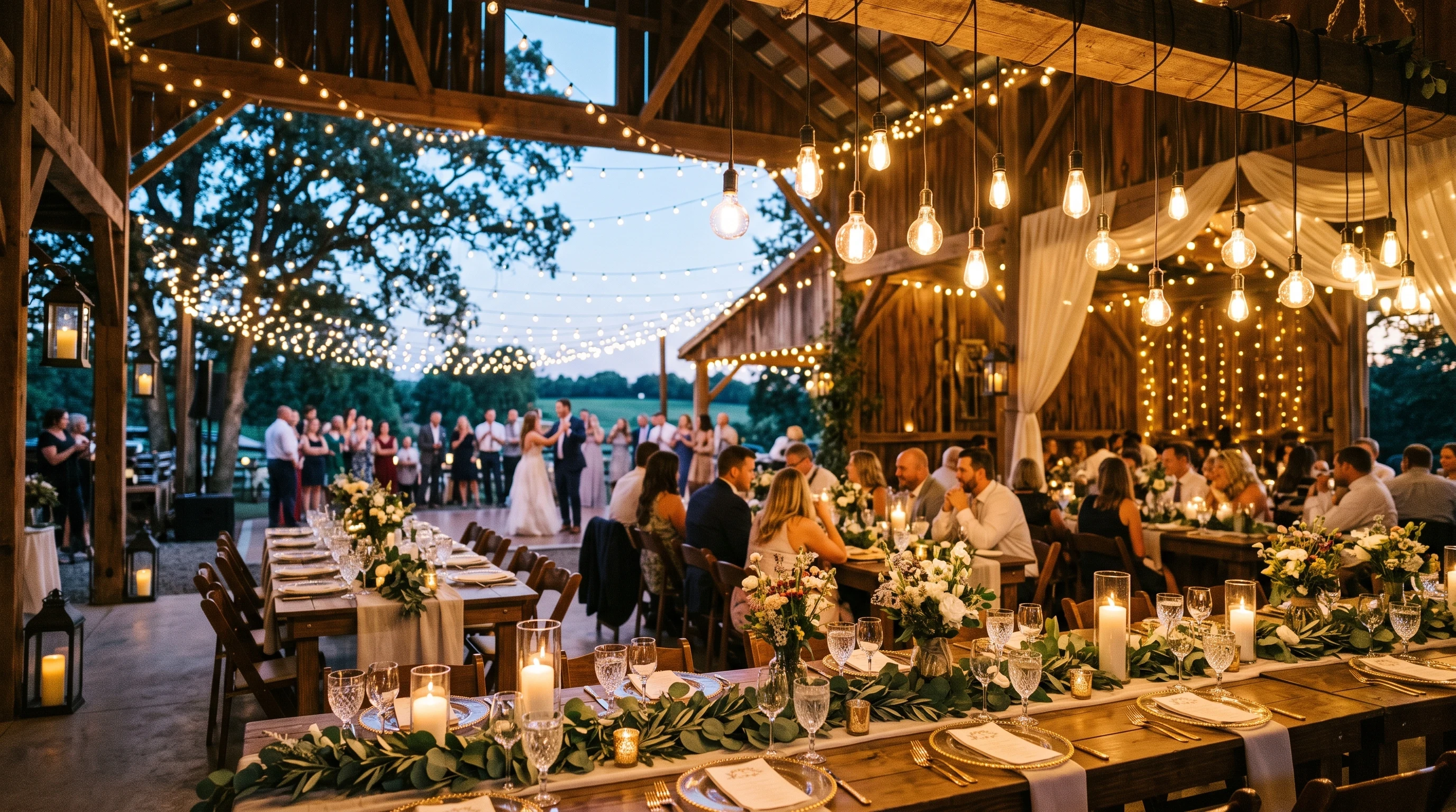 Rustic Wedding Reception Ideas for String Lights And Edison Bulbs For Warmth