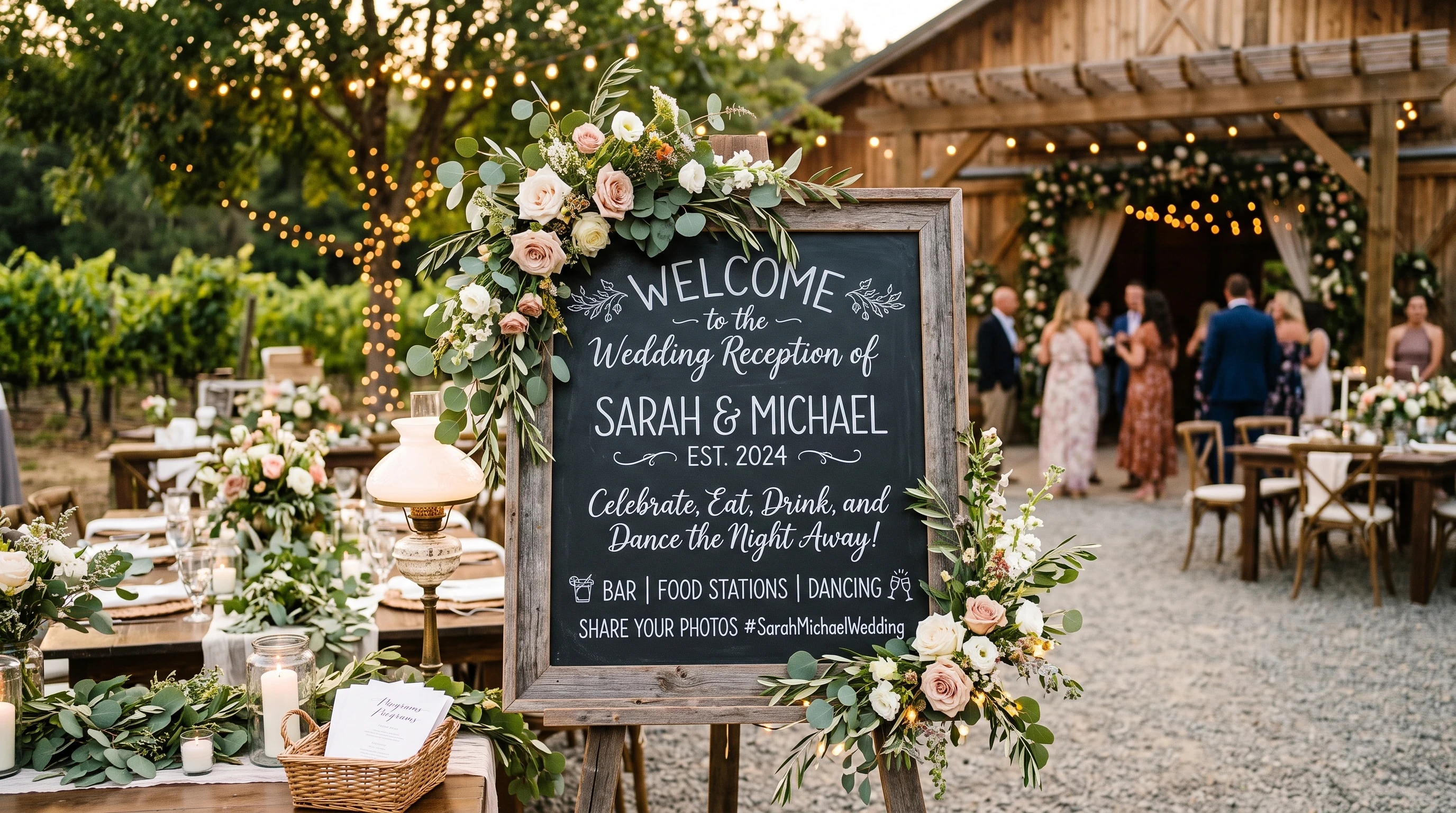 Rustic Wedding Reception Ideas for Handwritten Chalkboard Signs
