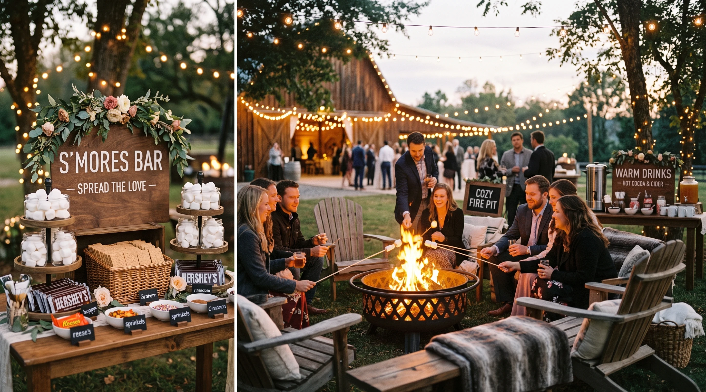 Rustic Wedding Reception Ideas for S’mores Bars And Cozy Fire Pits