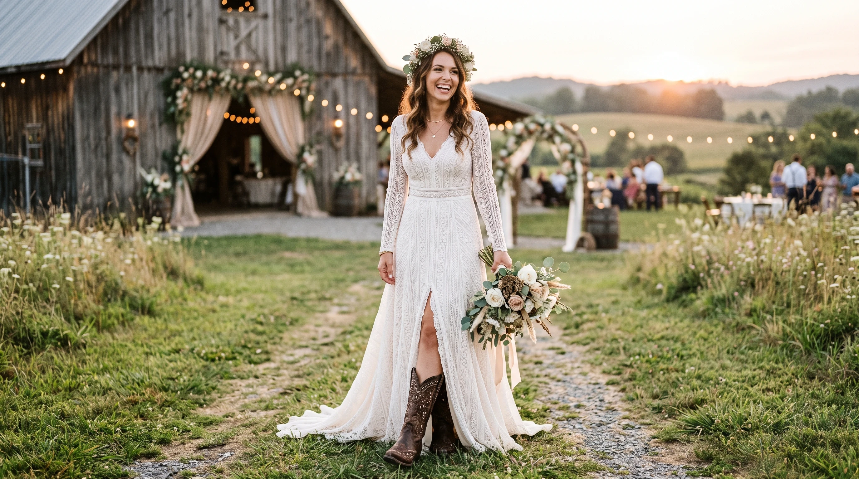 Rustic Wedding Dress With Cowboy Boots