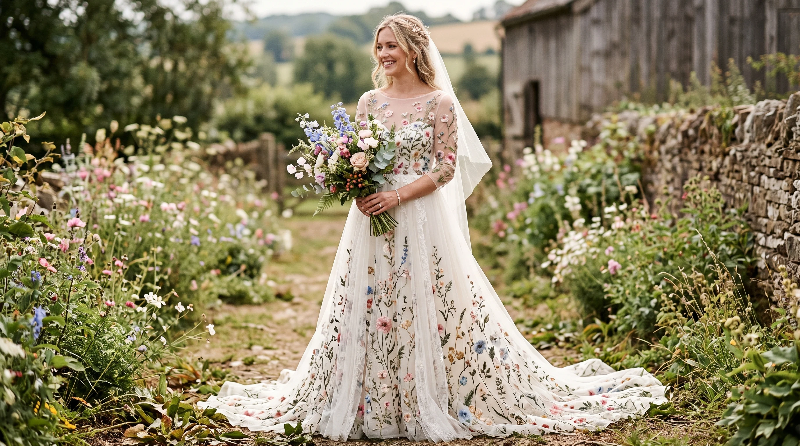 Rustic Wedding Dress Ideas for Floral Embroidered Wedding Dress