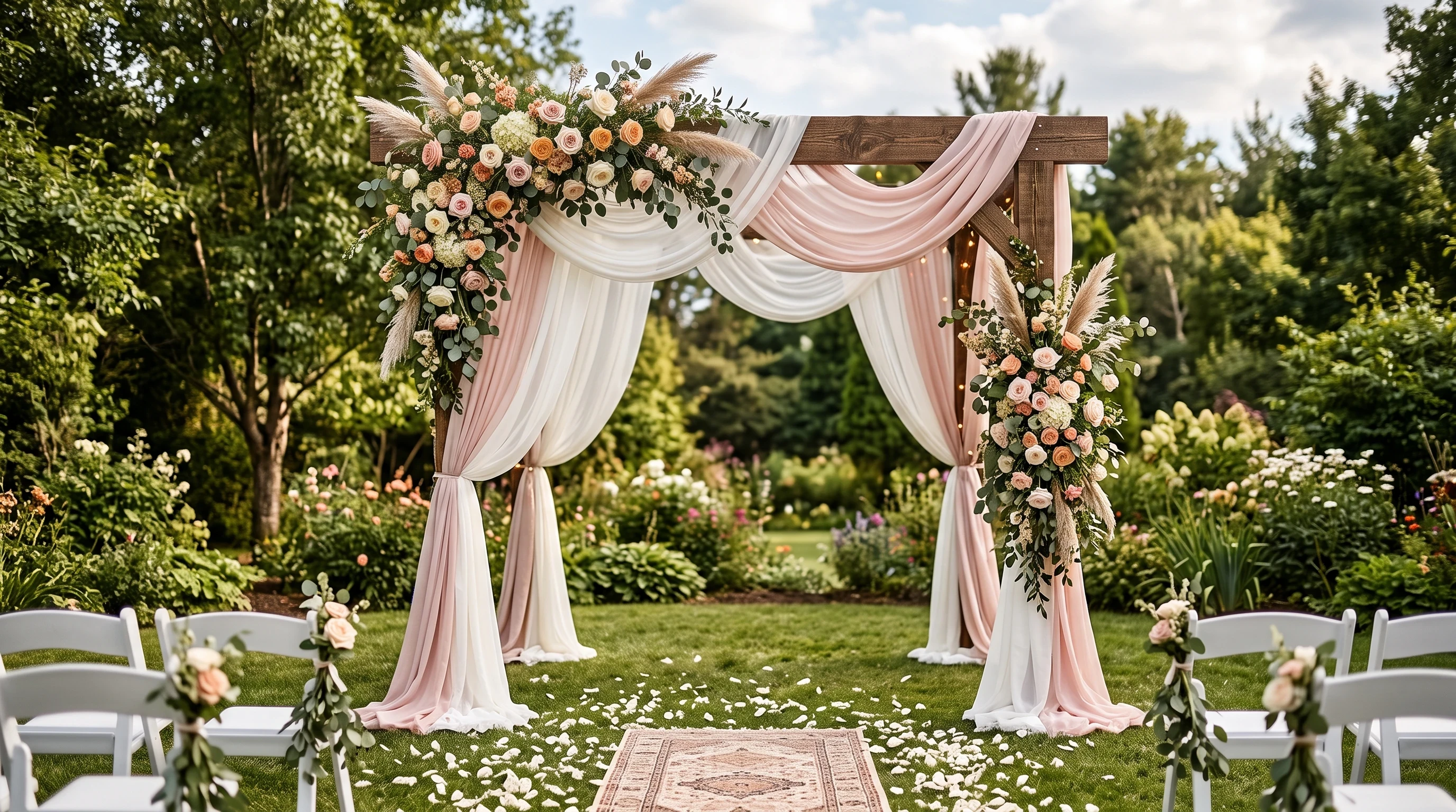 Wooden wedding arch backdrop draped with fabric and florals