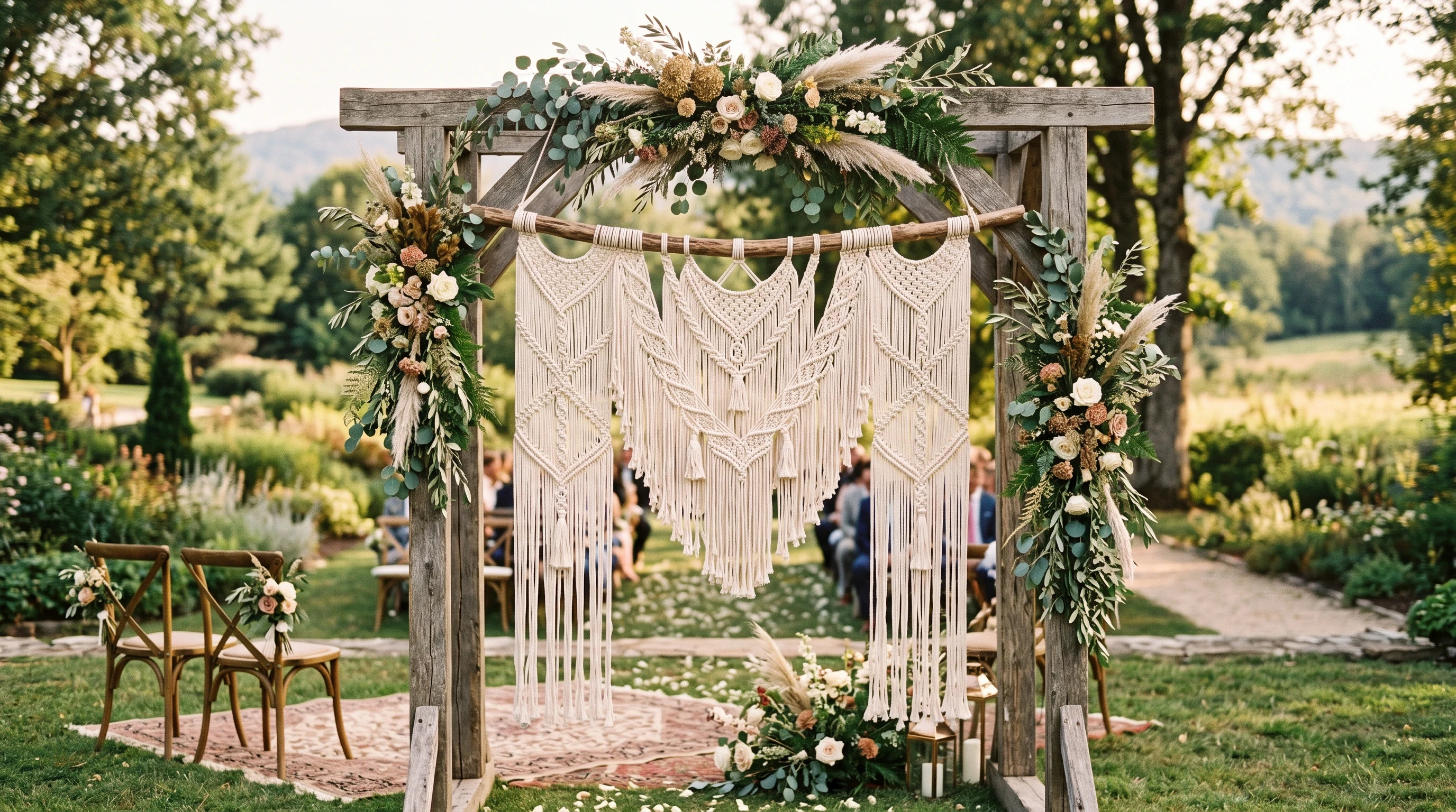 Boho macramé wedding backdrop for a rustic outdoor ceremony