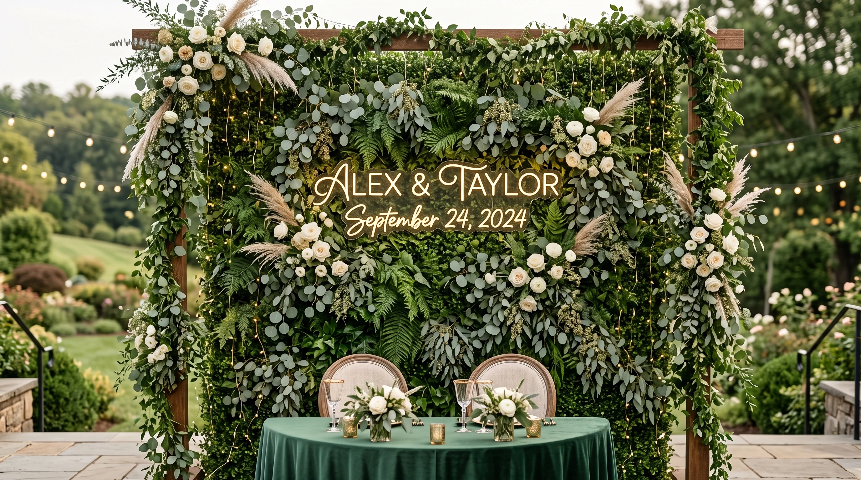 Lush greenery wall wedding backdrop with layered foliage