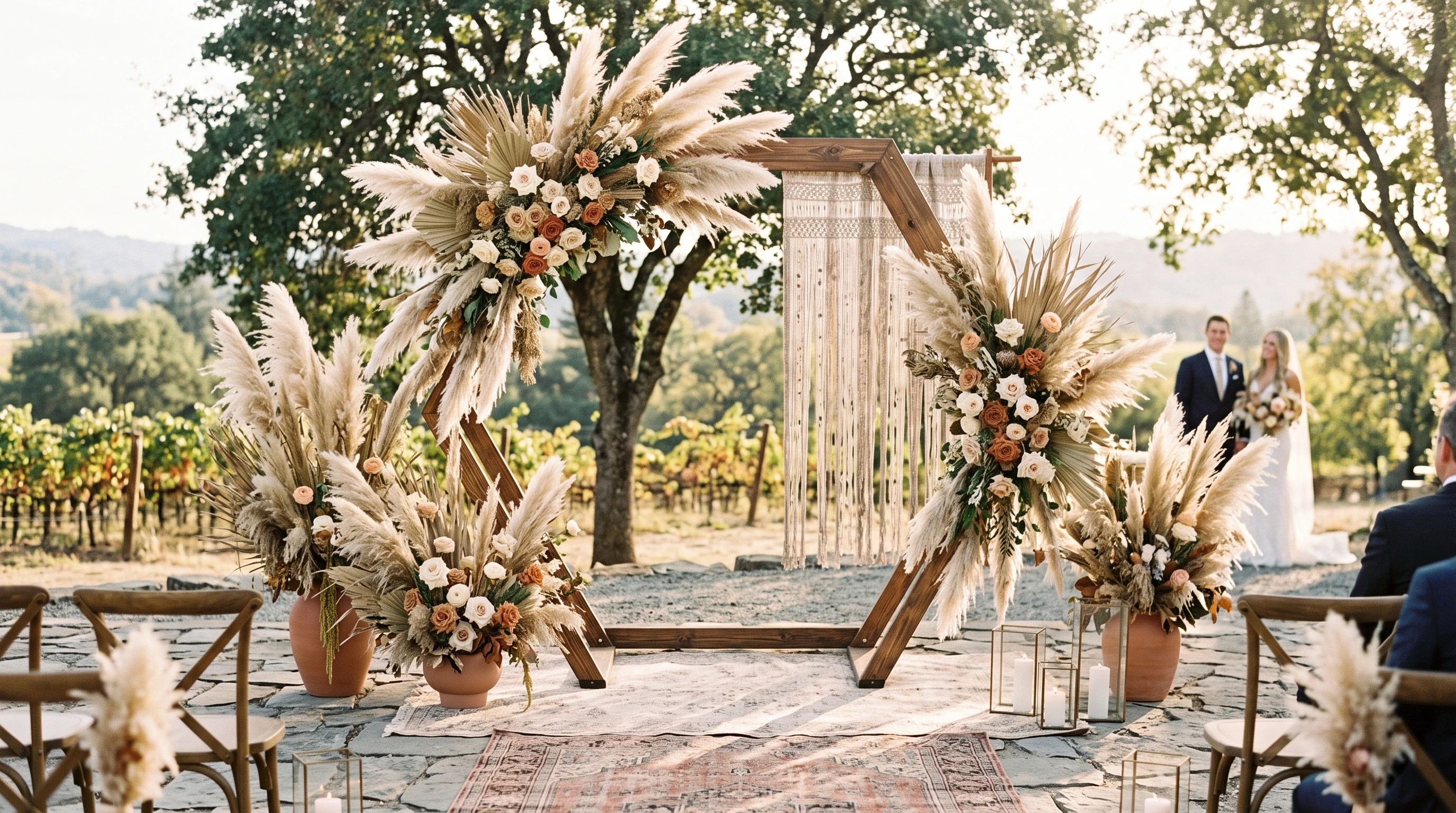 Pampas grass wedding backdrop with dried florals and neutral tones