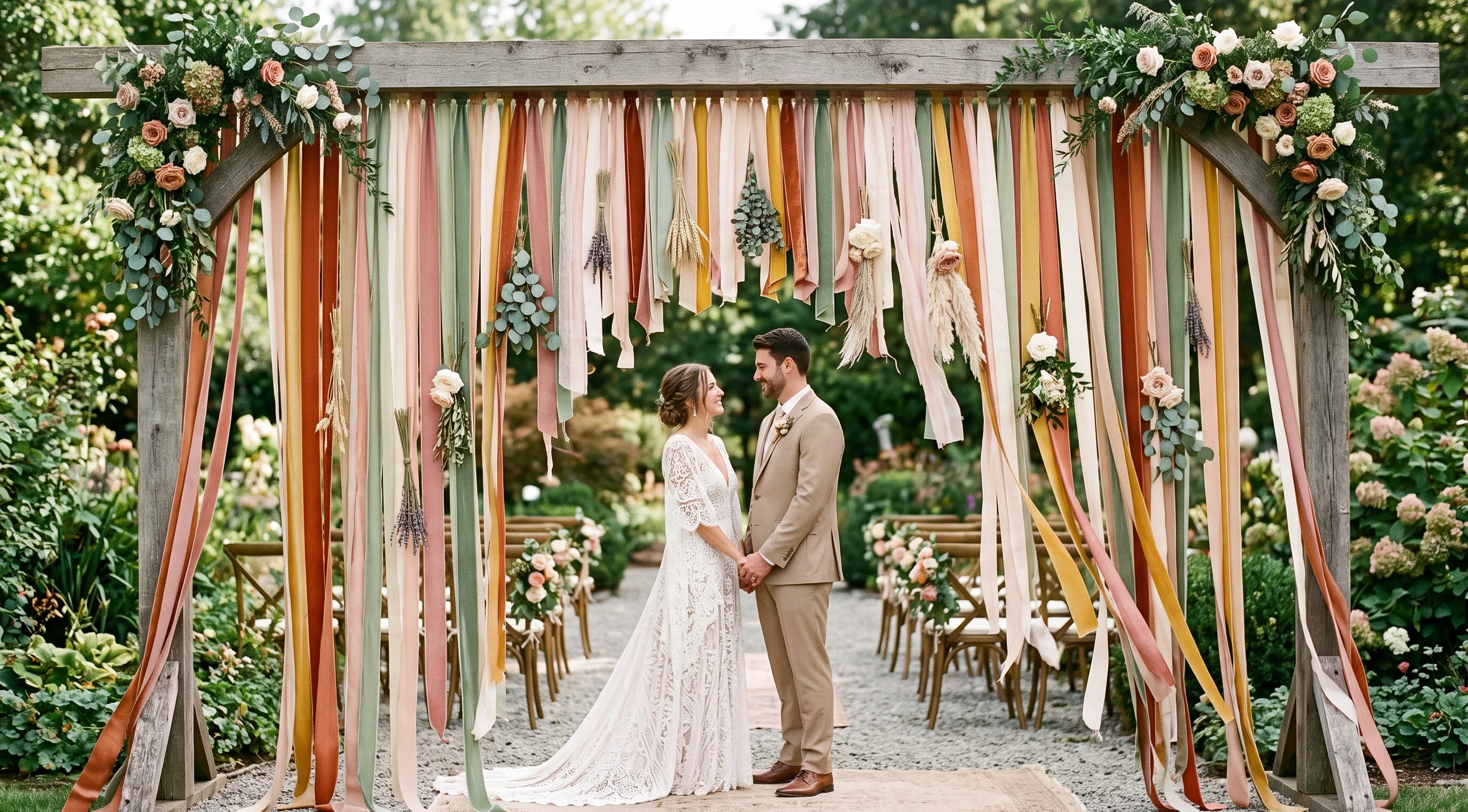 Colorful ribbon wedding backdrop with hanging fabric streamers
