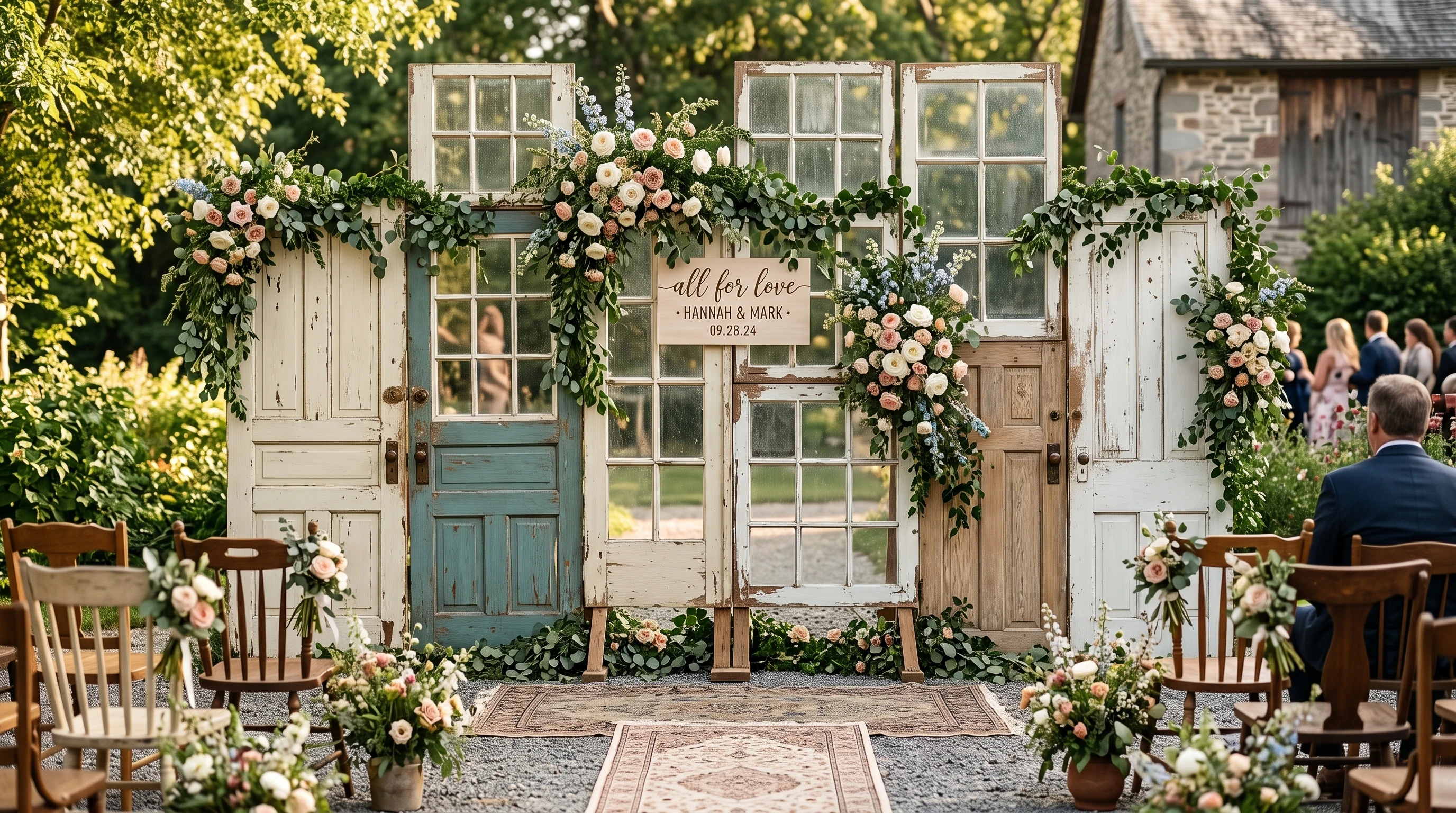 Vintage doors and window frames used as a rustic wedding backdrop