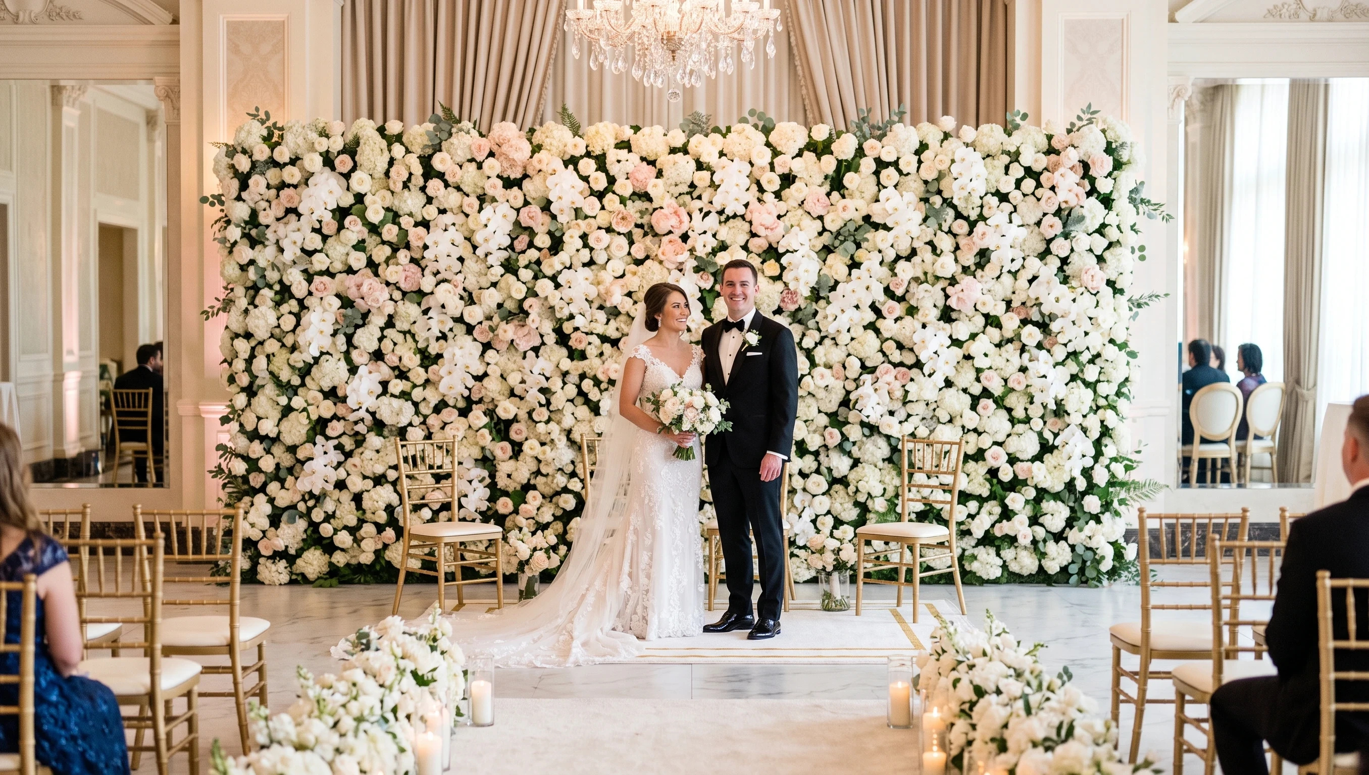 Lush flower wall wedding backdrop with romantic floral details