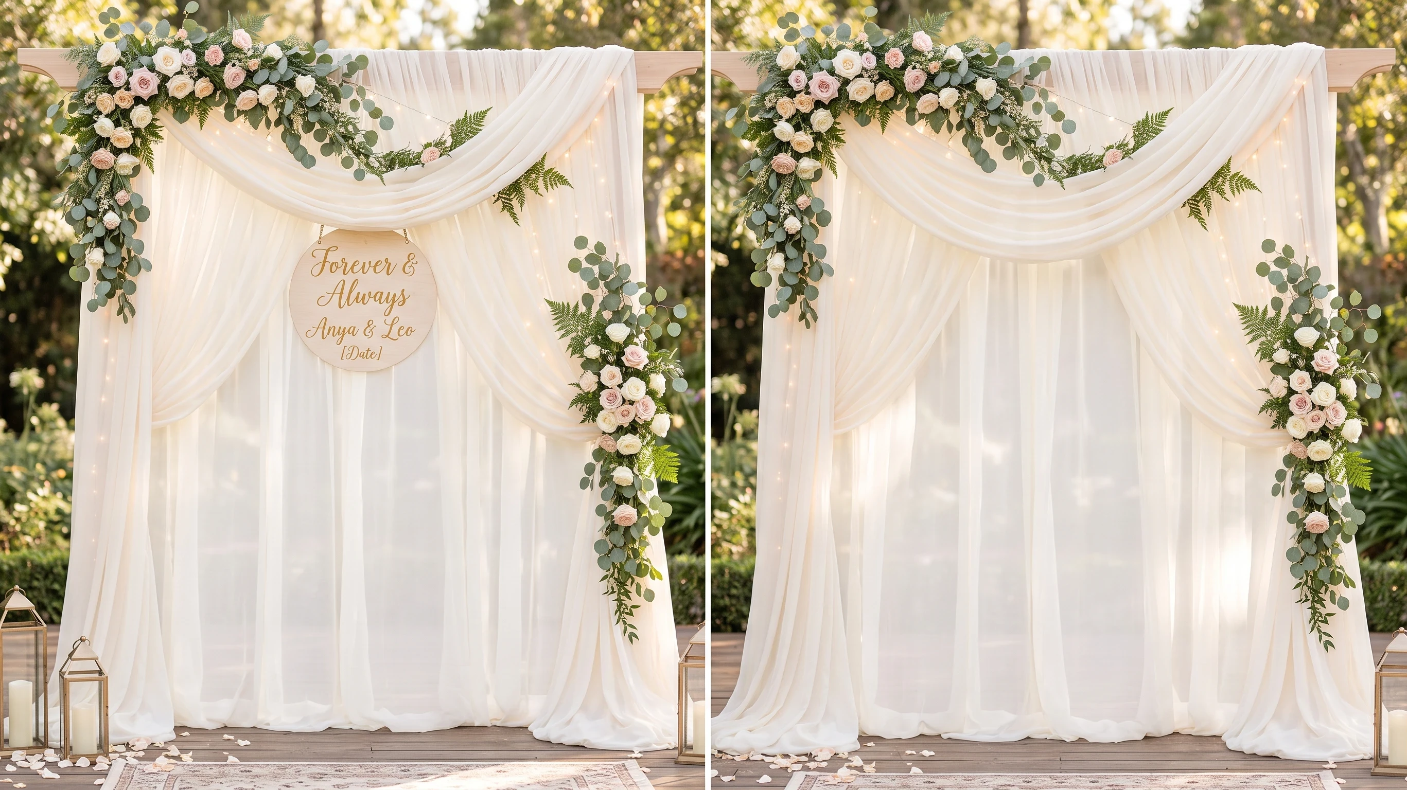 Flowing fabric drapes creating a soft wedding backdrop