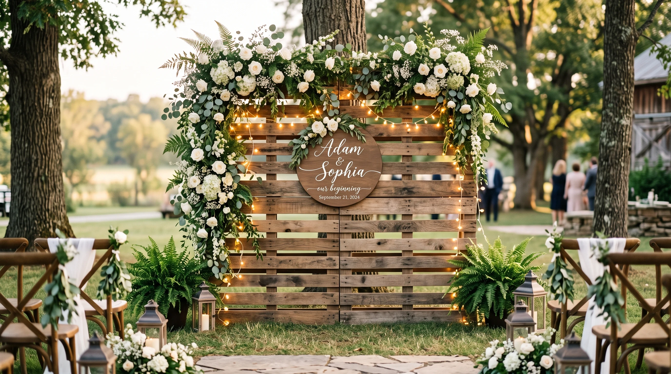 DIY wooden pallet wedding backdrop with rustic decorations