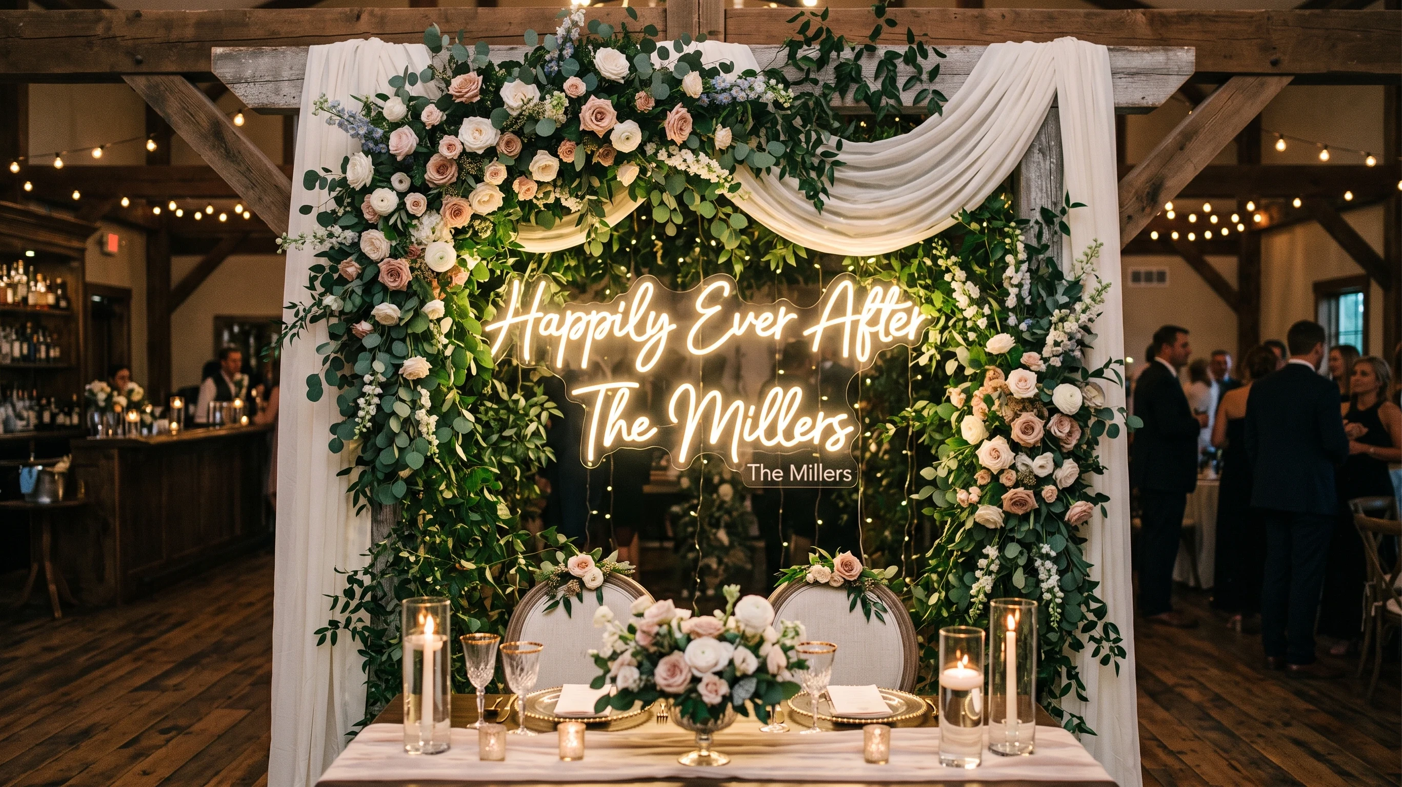 Personalized neon sign wedding backdrop with rustic decor