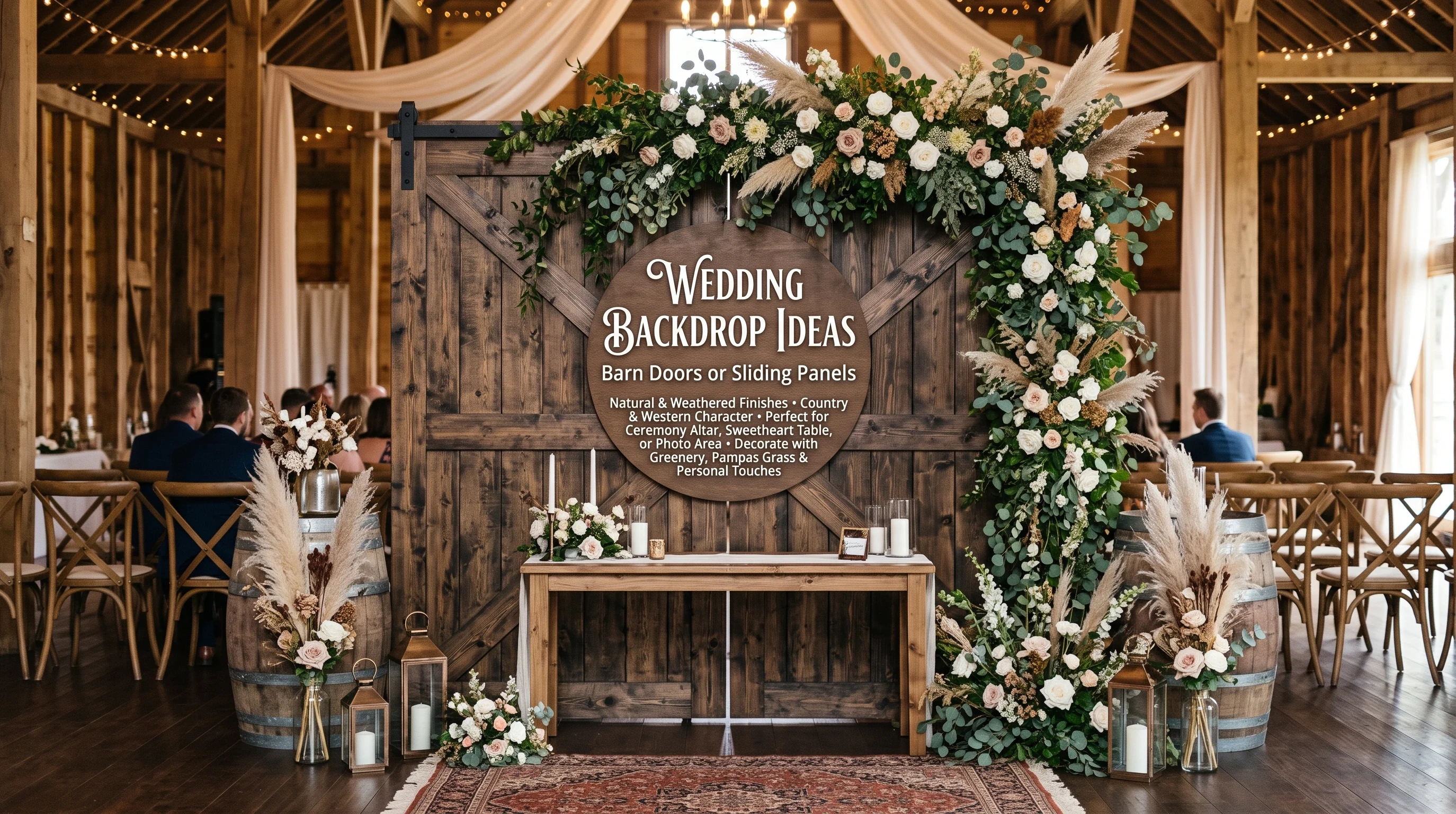 Rustic barn door wedding backdrop with natural wood panels