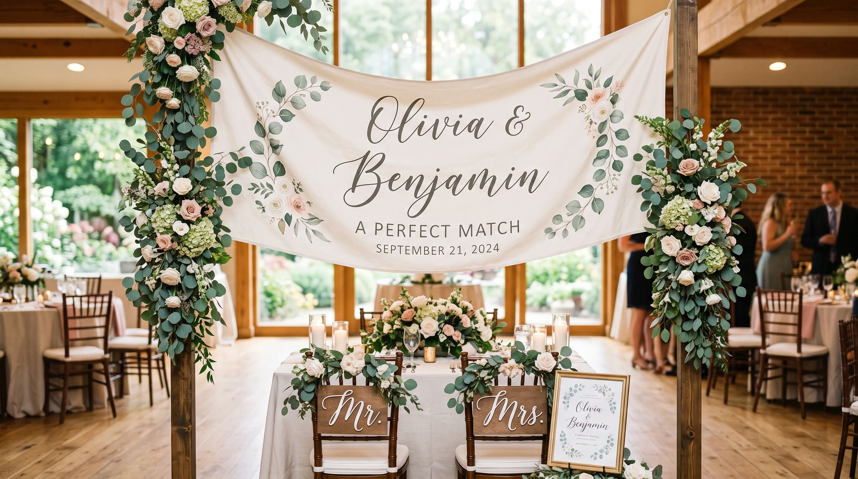 Personalized fabric wedding sign used as a rustic wedding backdrop