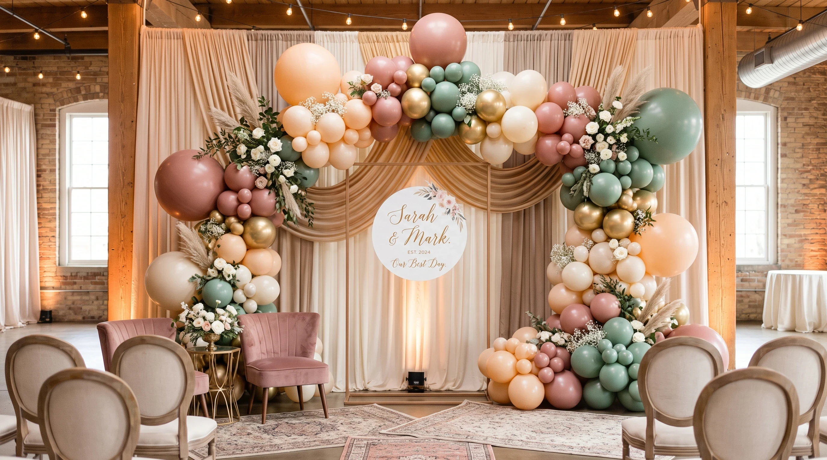 Wedding backdrop with an organic balloon garland in soft neutral tones