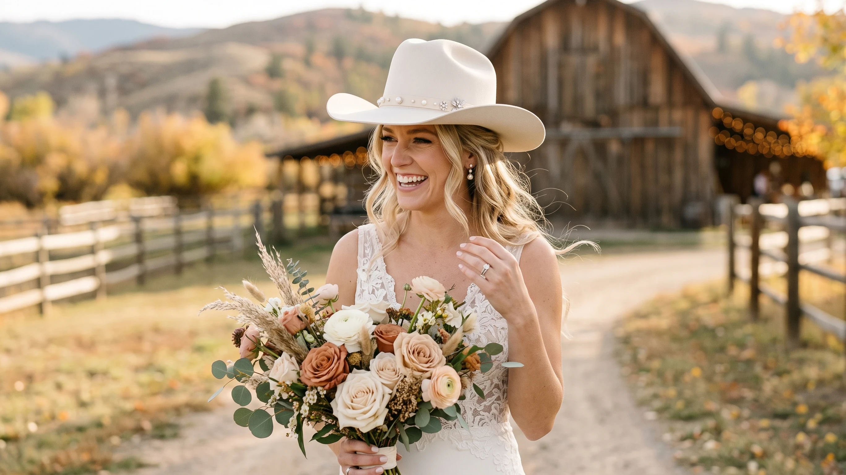 Ivory felt bridal cowgirl hat for a rustic Western wedding