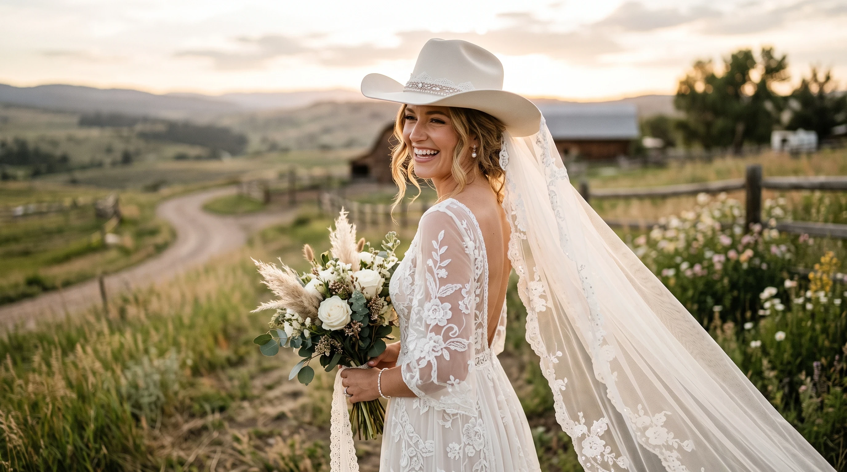 Bridal cowgirl hat with veil for a Western wedding
