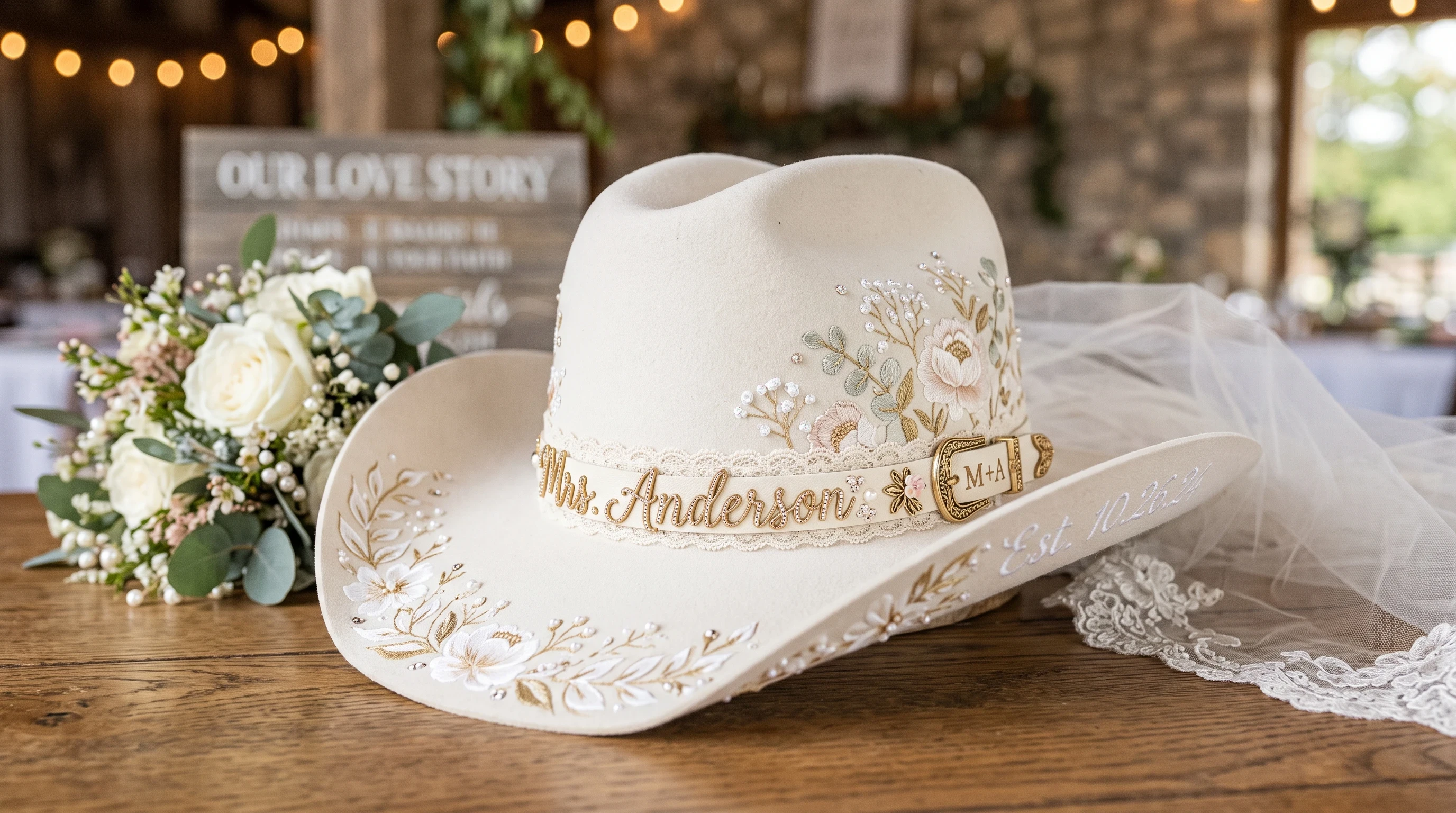 Personalized bridal cowgirl hat with custom Western details