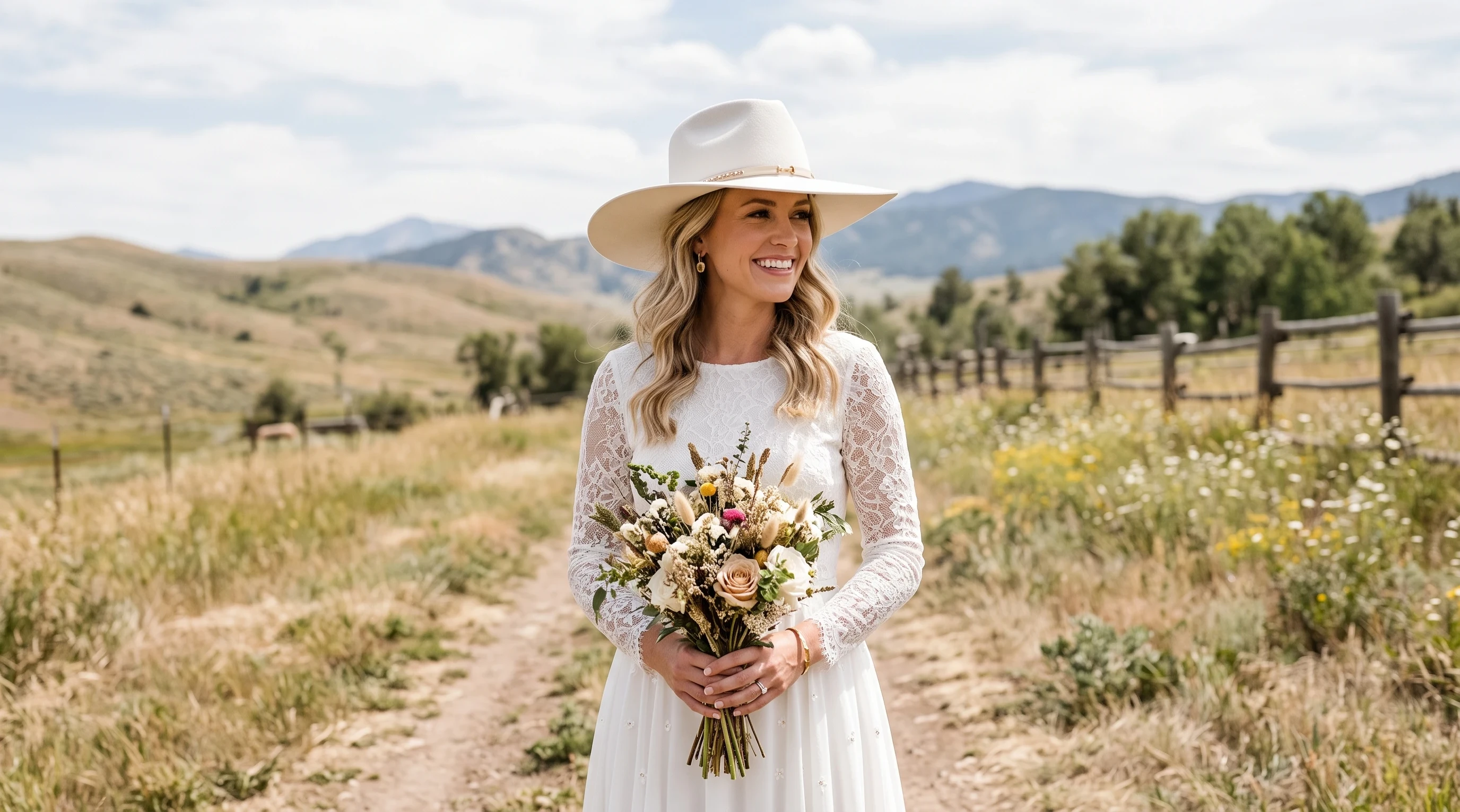 Wide-brim bridal cowgirl hat for a Western wedding