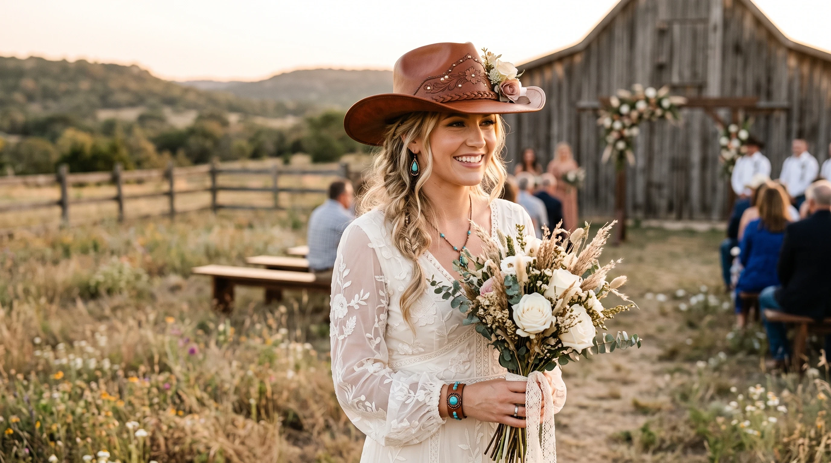 Leather-inspired bridal cowgirl hat for a rustic Western wedding