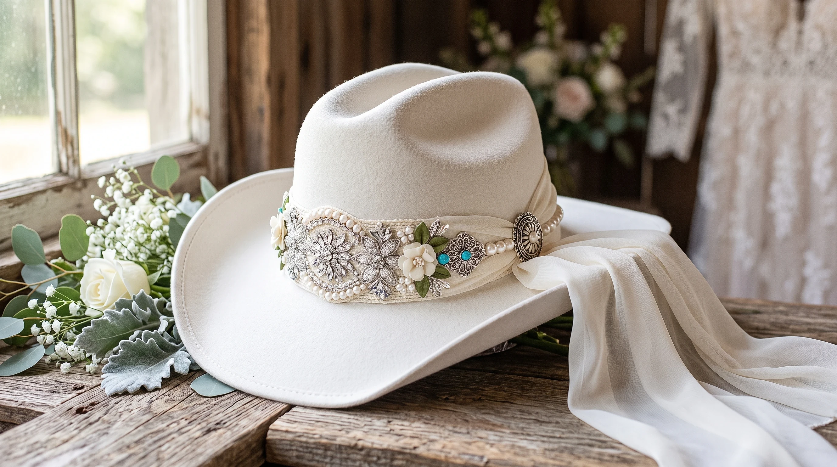 Bridal cowgirl hat with decorative Western hatband and sash