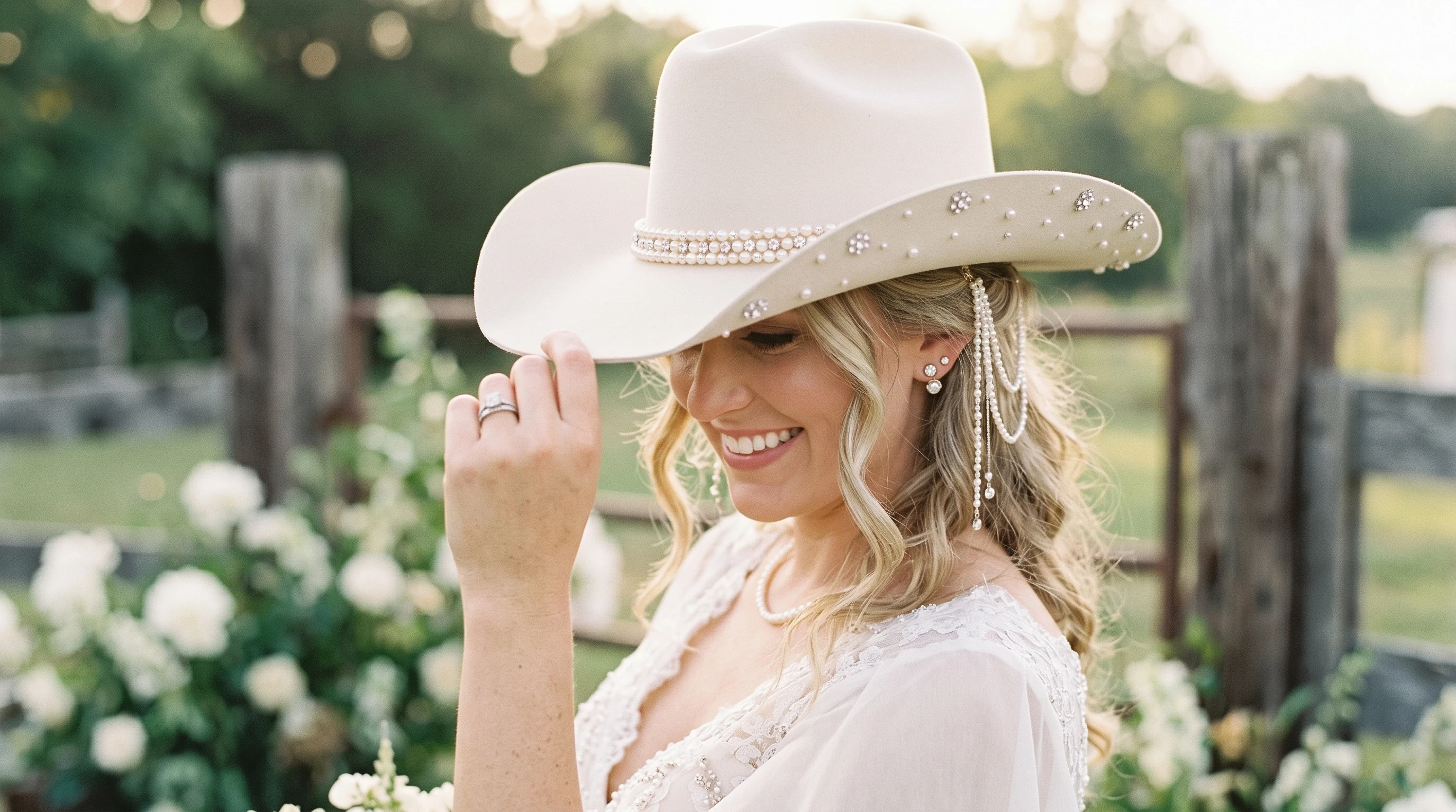 Bridal cowgirl hat with pearl and rhinestone details for a Western wedding