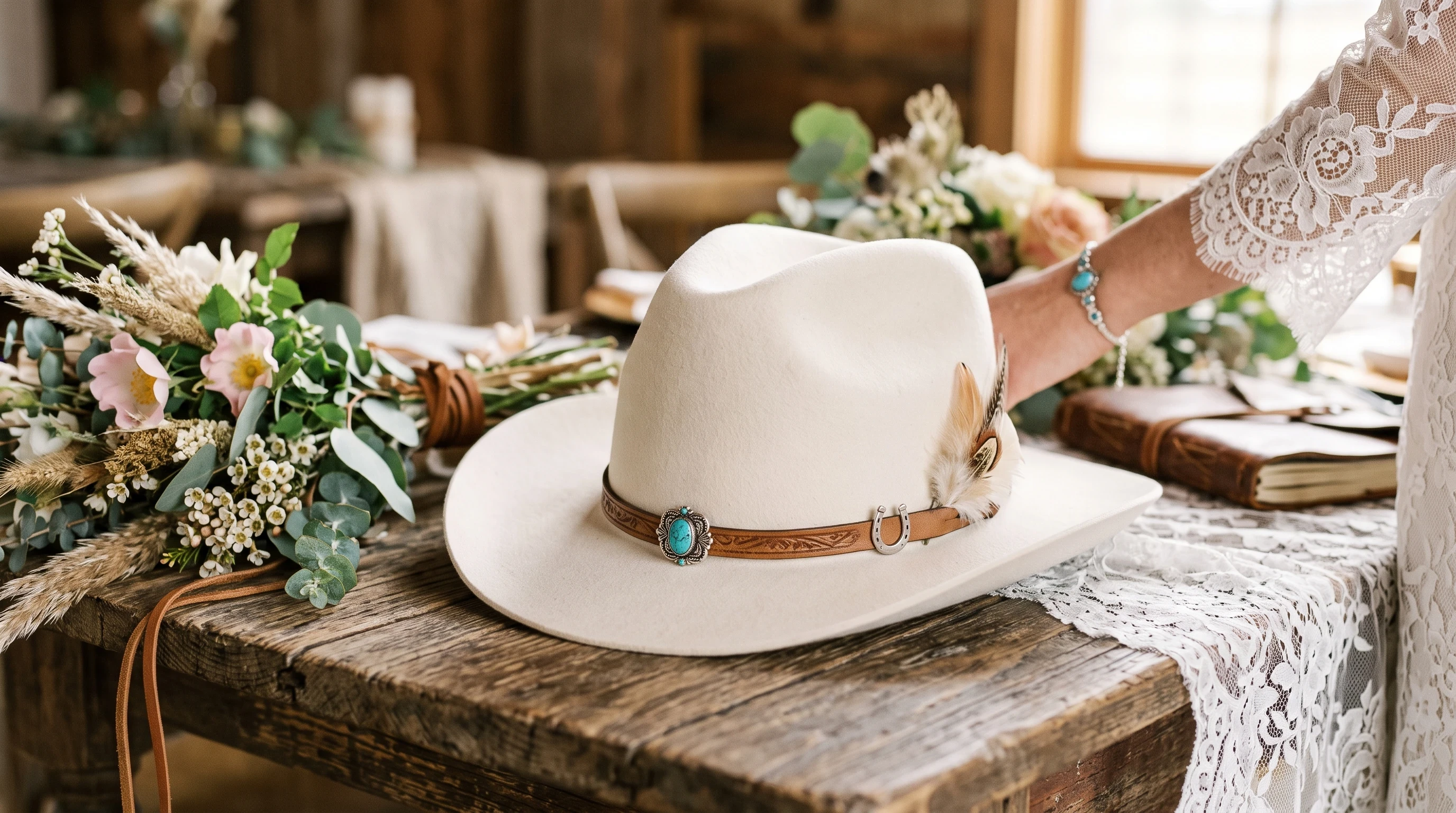 Bridal cowgirl hat with subtle Western embellishments and turquoise accents