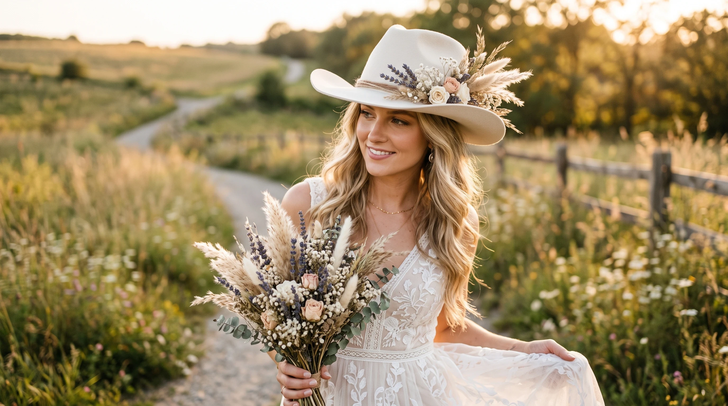 Boho bridal cowgirl hat with dried flowers for a Western wedding
