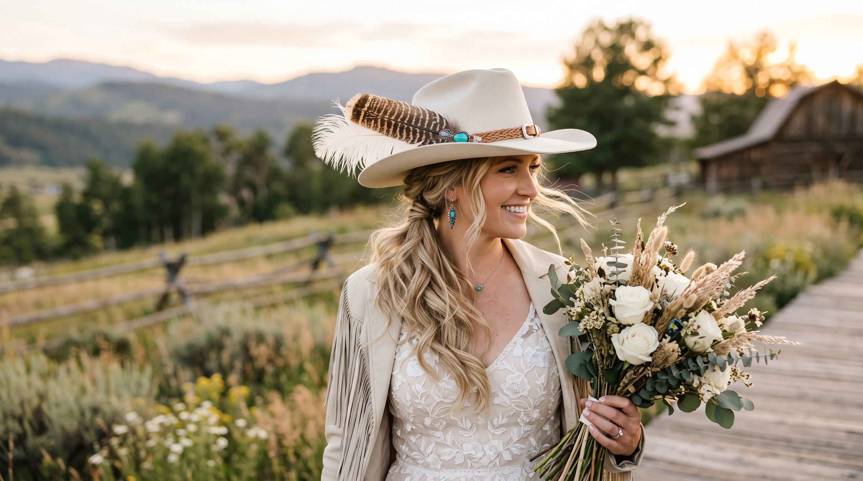 Bridal cowgirl hat with feather accent for a Western wedding