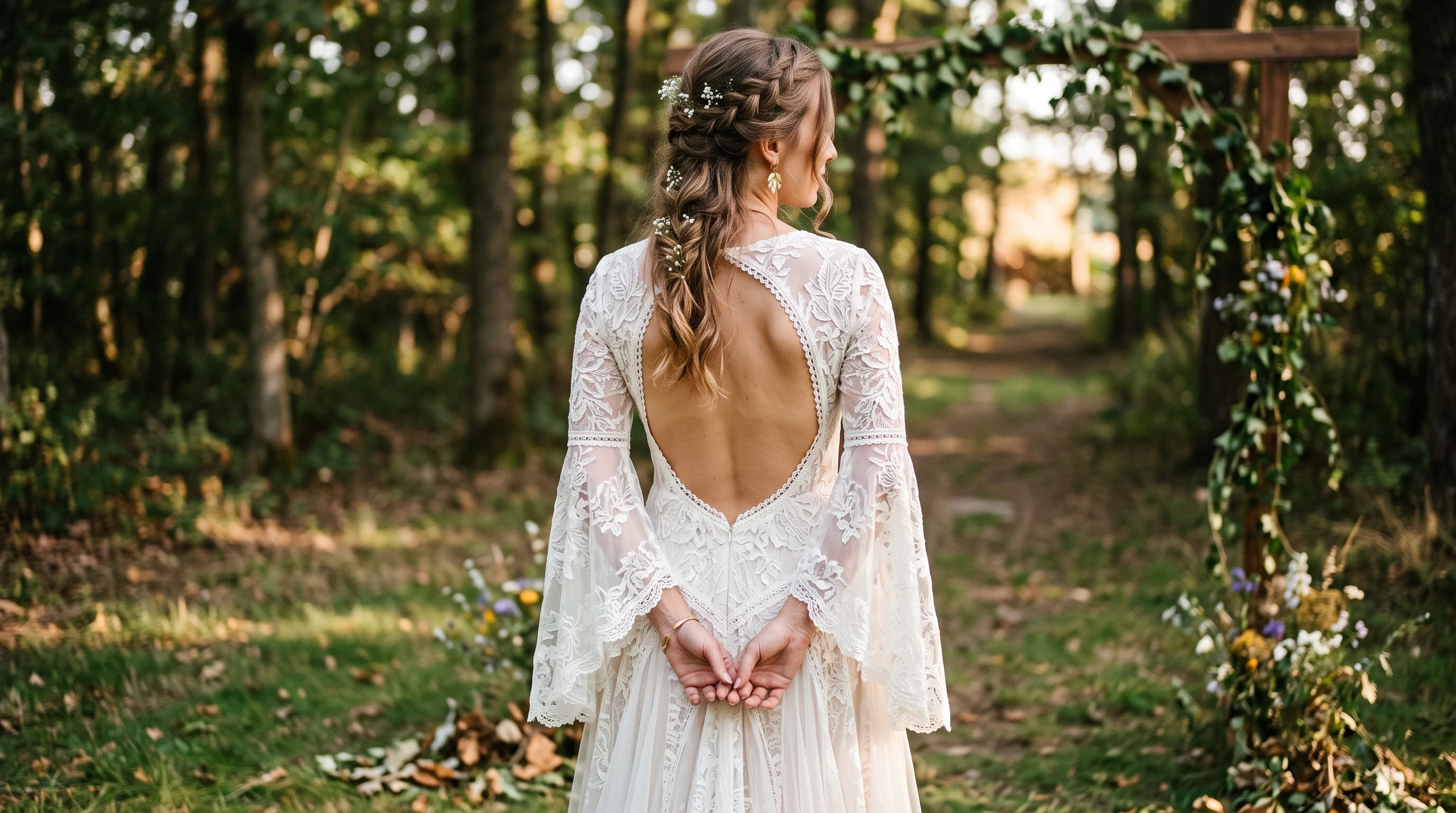 Boho lace wedding dress with a deep keyhole open back