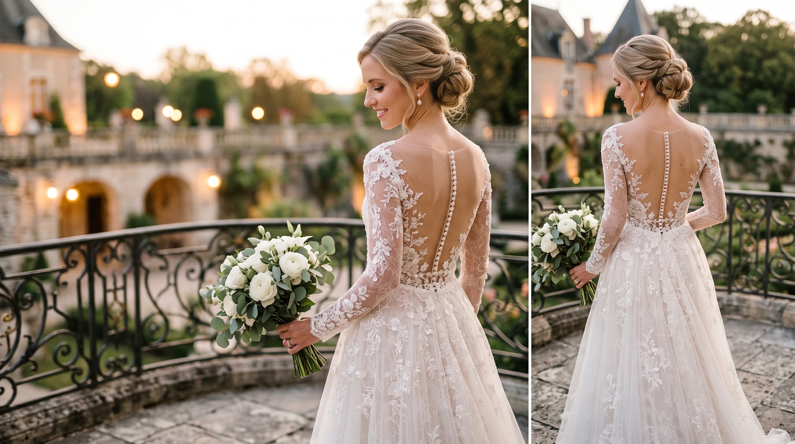 Long sleeve wedding dress with a sheer illusion back and lace details