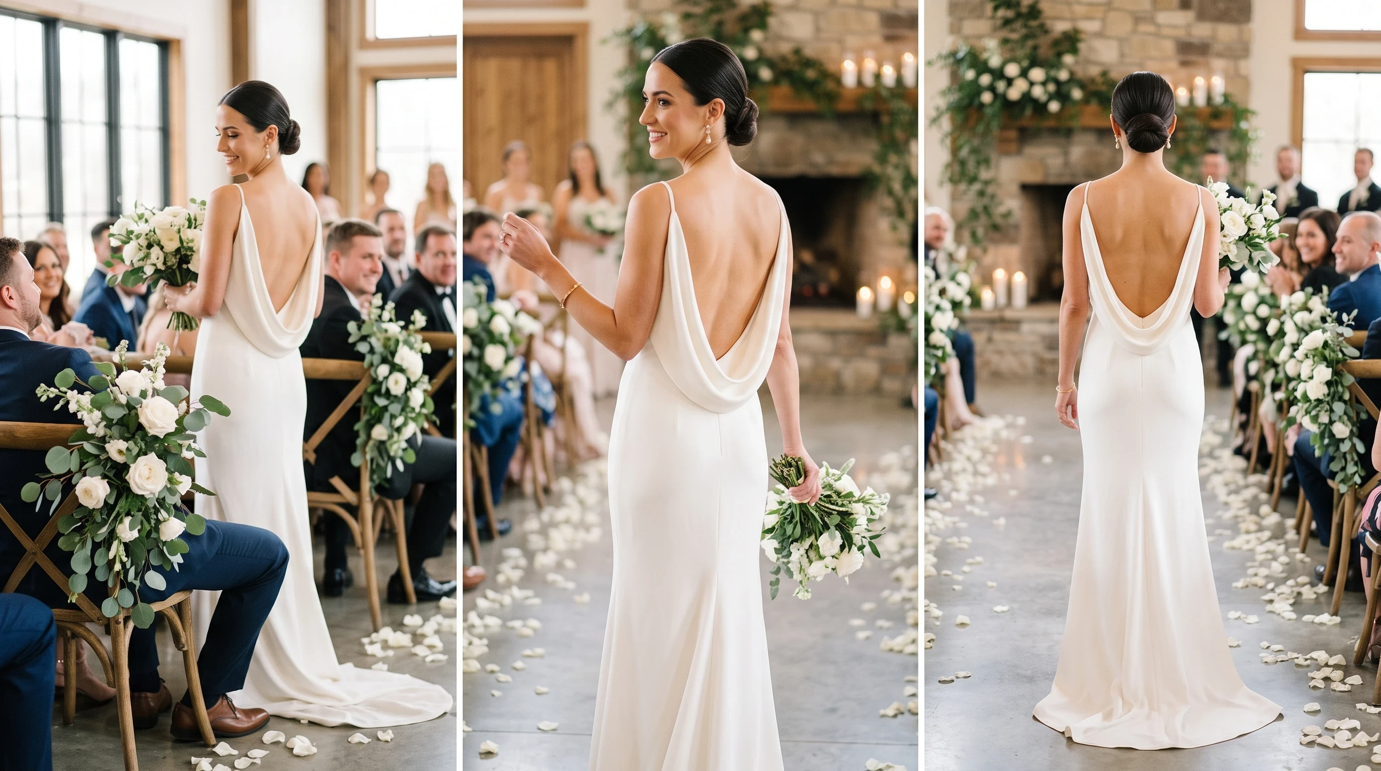 Simple crepe sheath wedding dress with an elegant open back