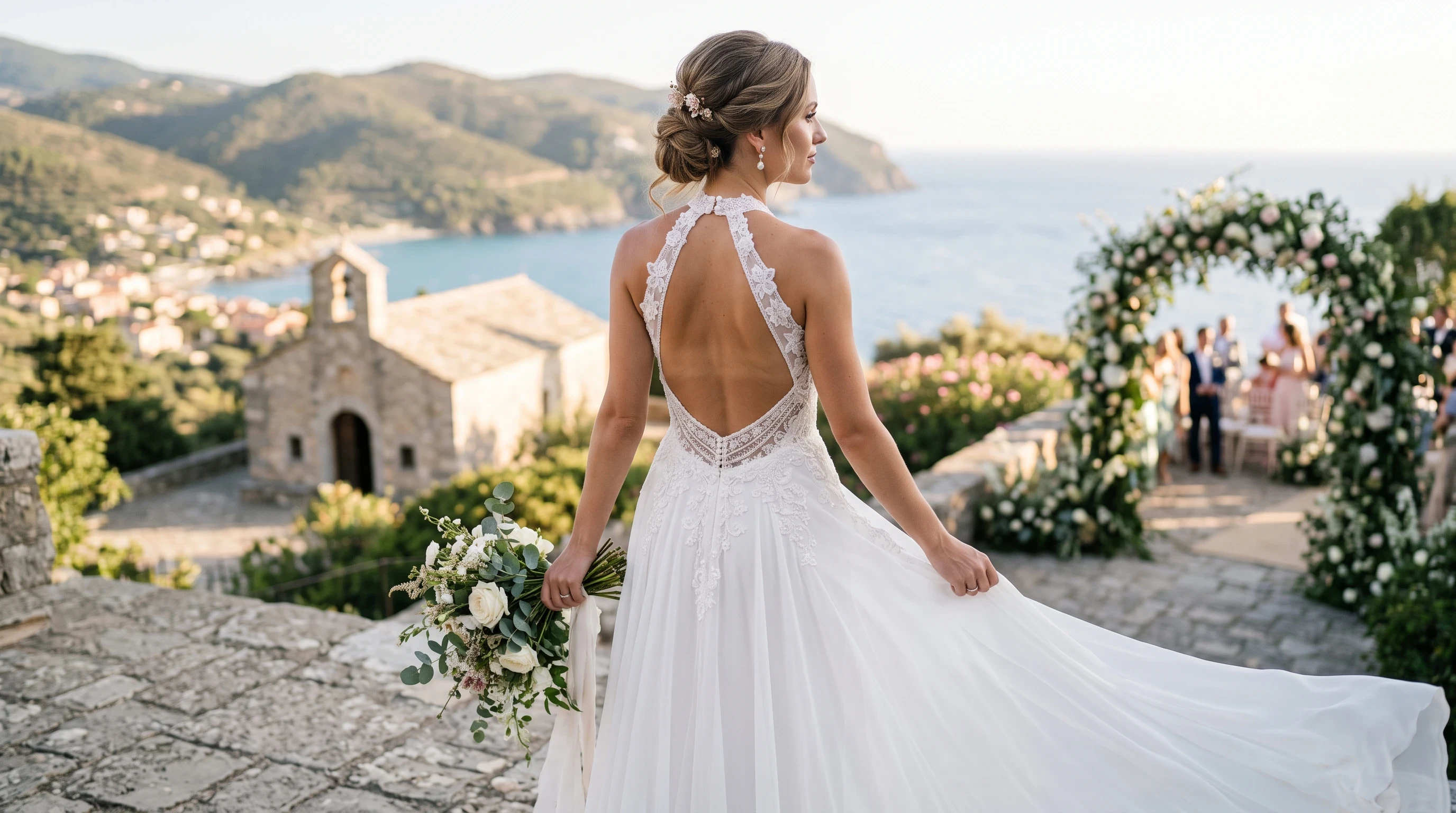 Halter neck wedding gown with an elegant open back design