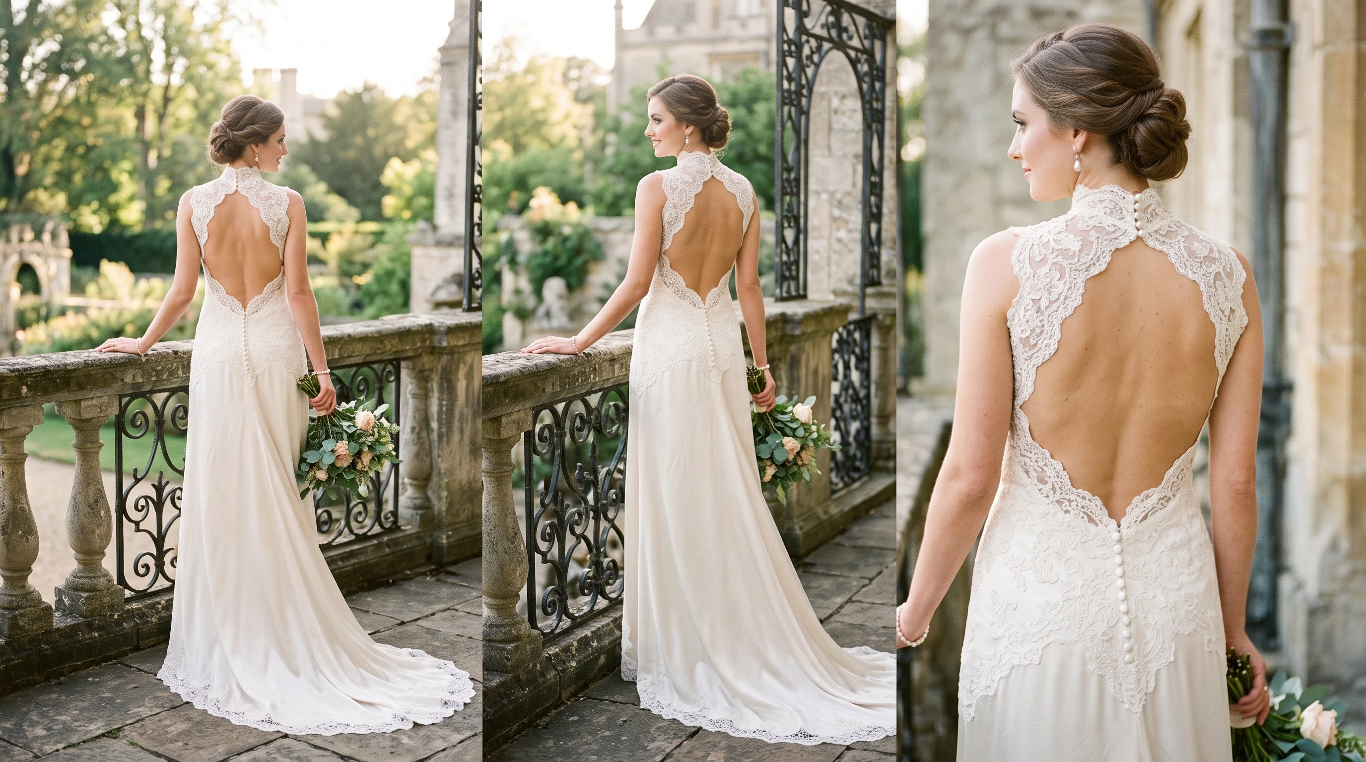 Vintage-inspired high neck wedding dress with a backless design