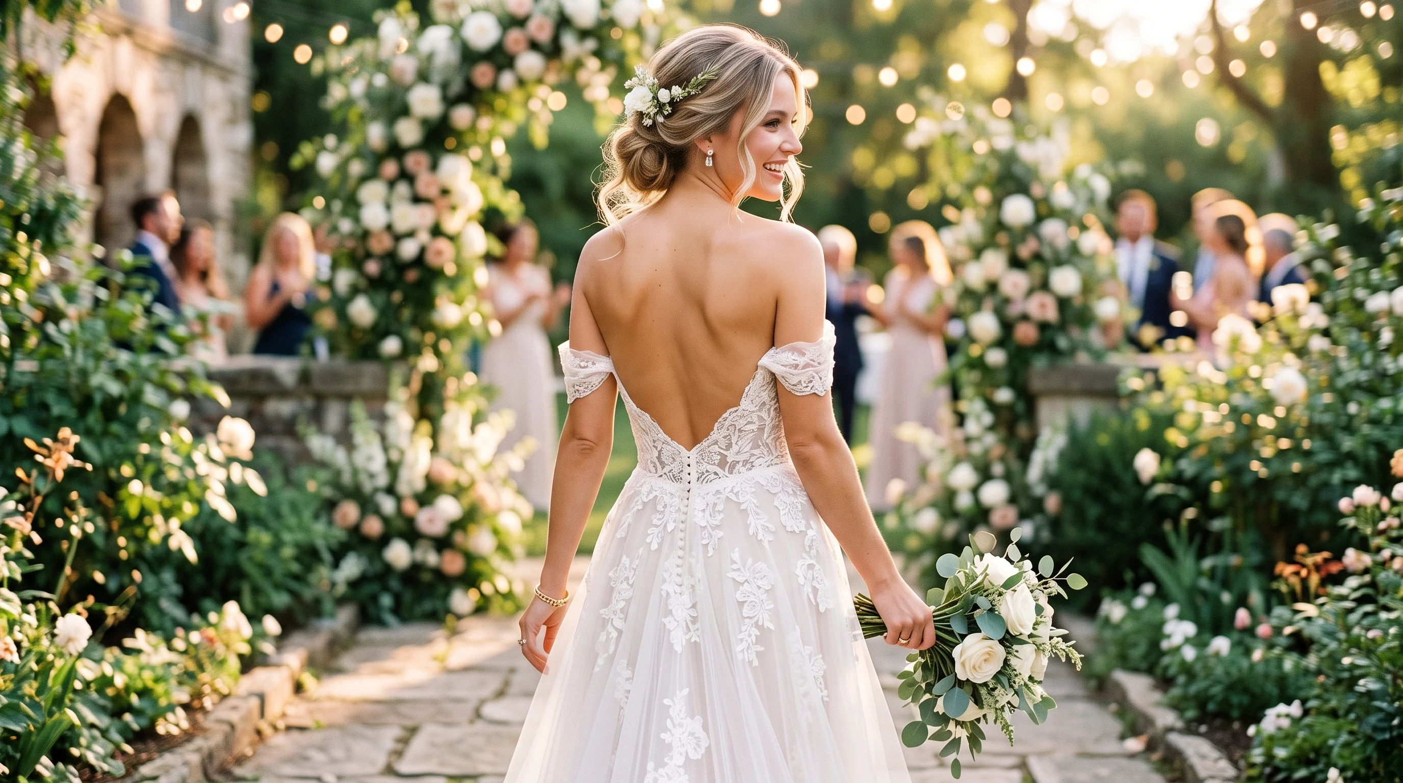 Romantic off-the-shoulder wedding gown with an open back
