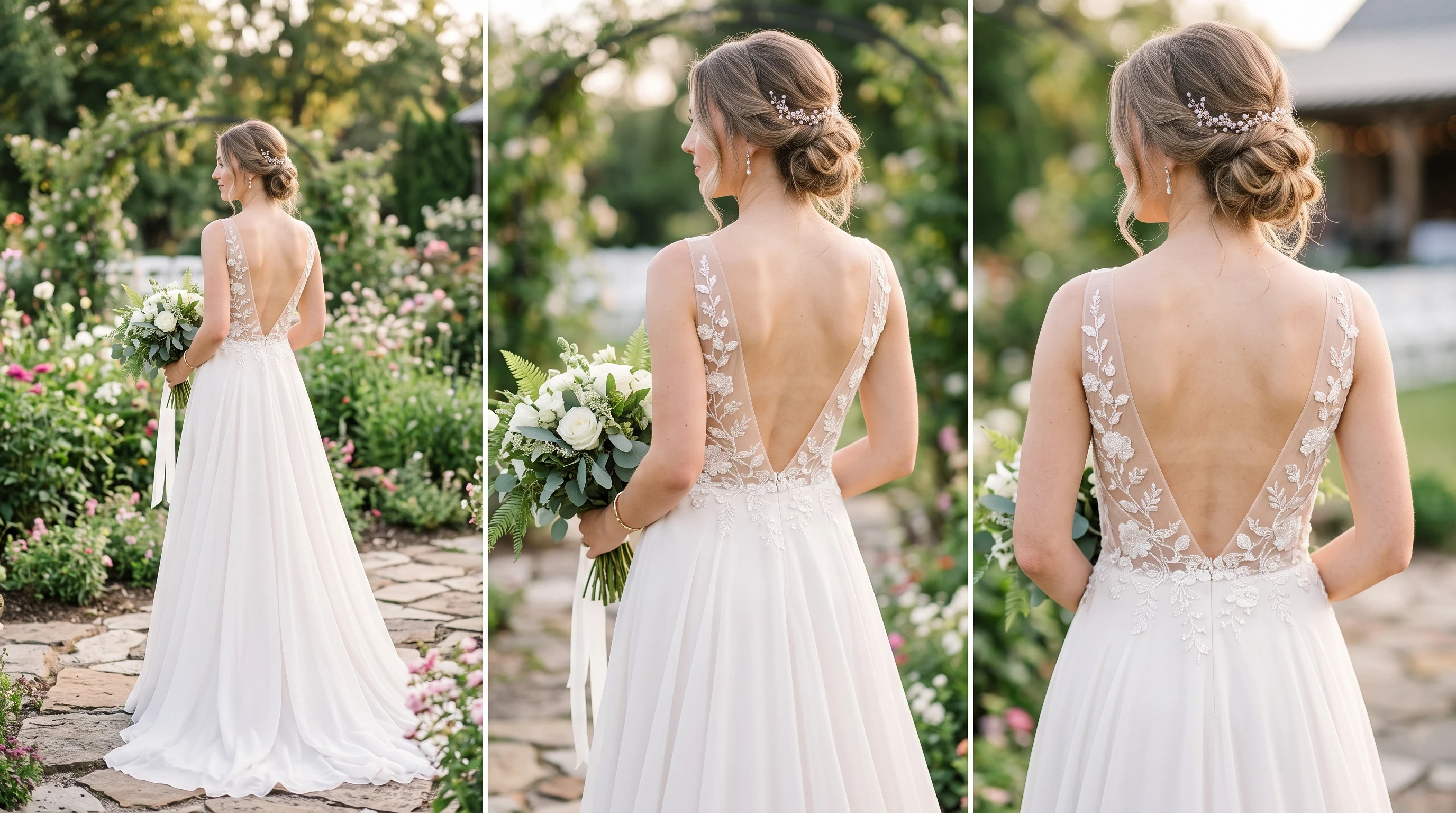 Wedding dress with a sheer back panel and delicate embroidered details