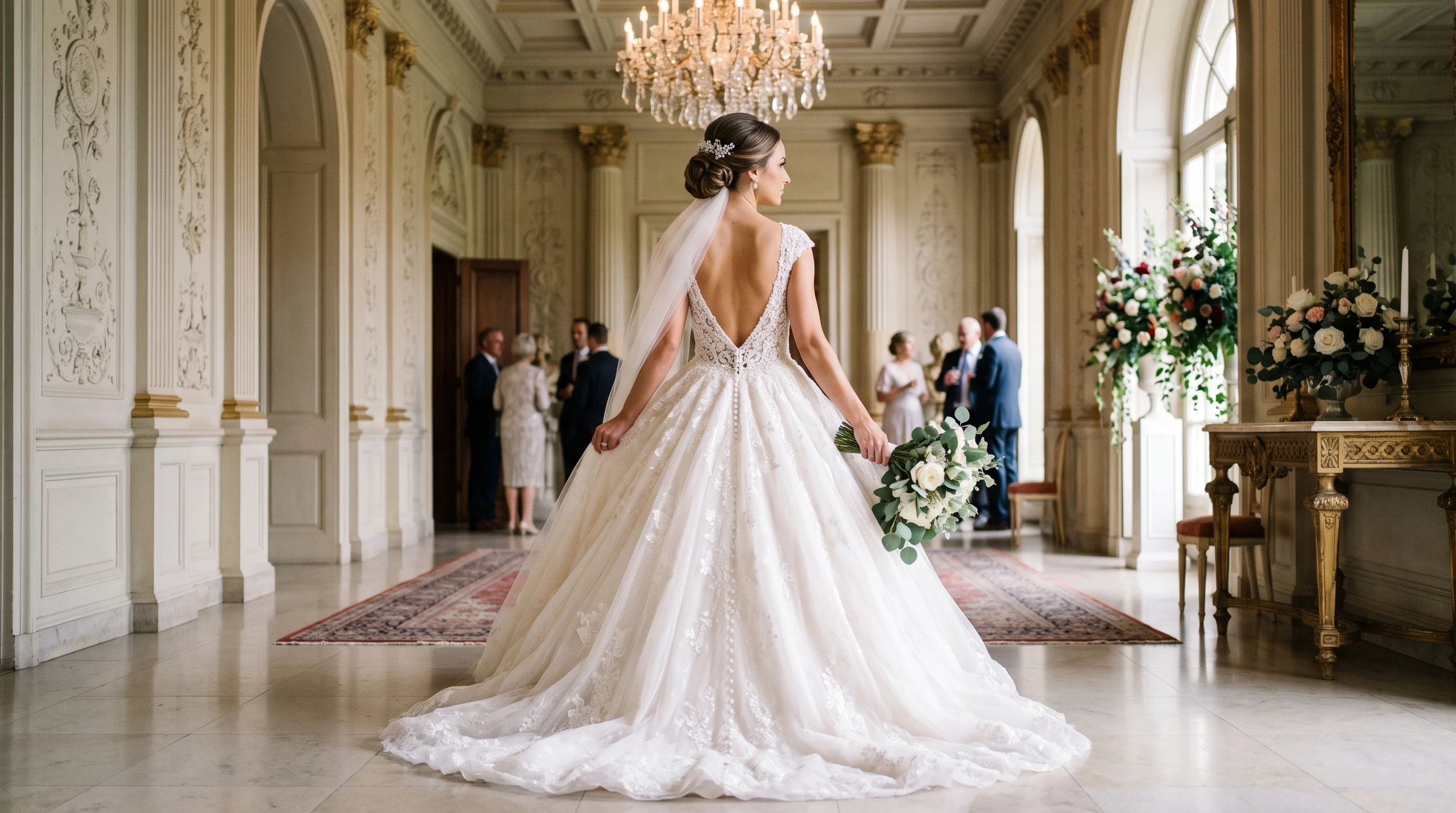Elegant ball gown wedding dress with a dramatic statement open back