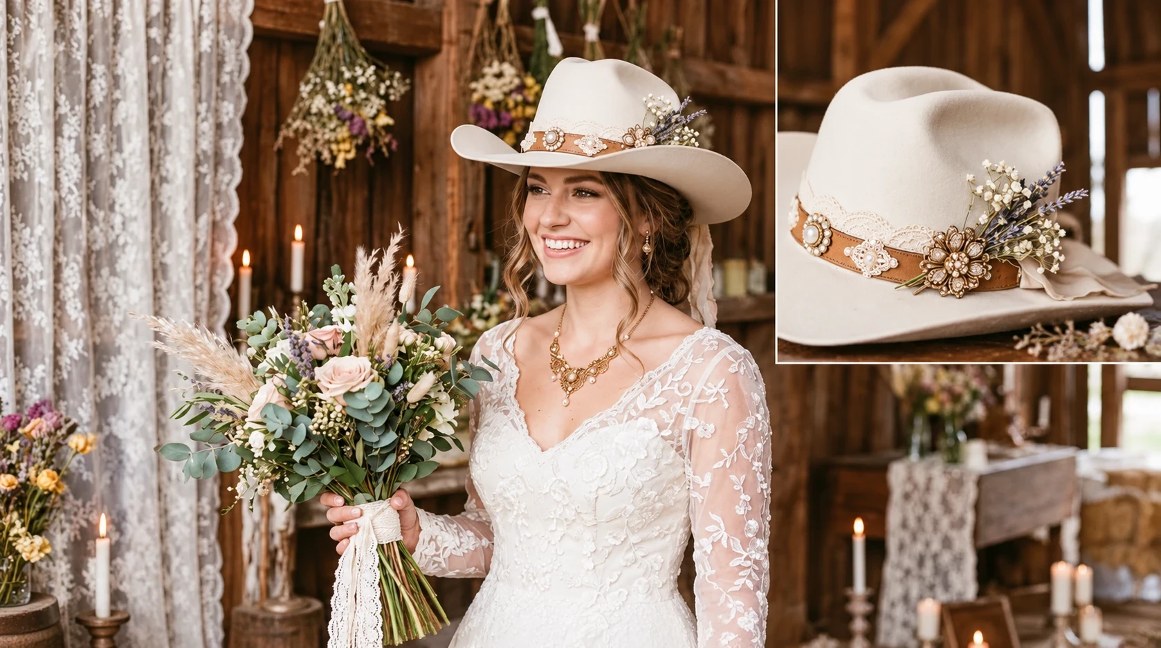 Vintage-inspired bridal cowgirl hat for a rustic Western wedding
