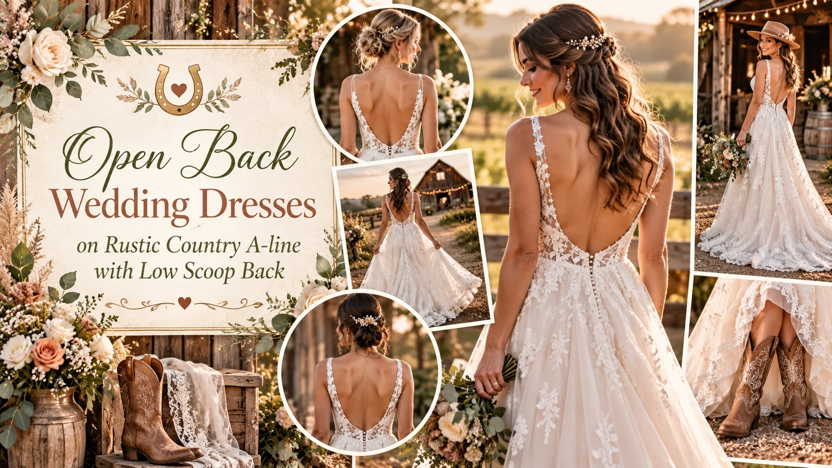 Rustic A-line wedding dress with a romantic low scoop back