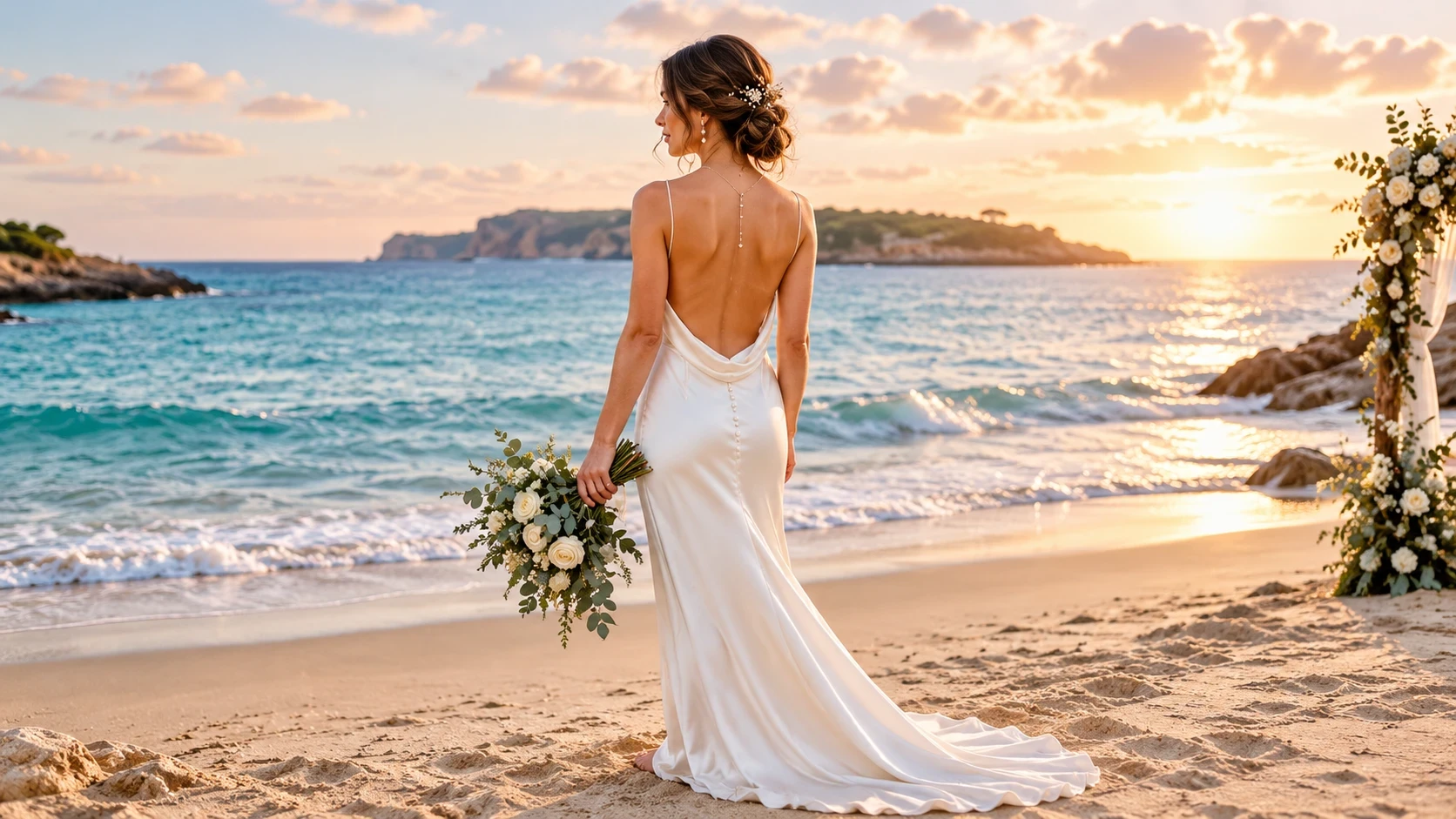 Spaghetti strap slip wedding dress with a simple bare back