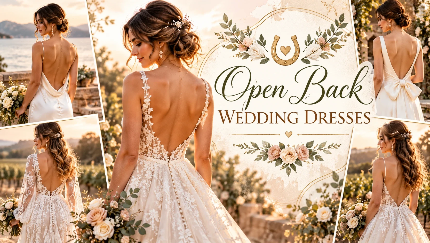 Bride wearing an open back wedding dress with a romantic bridal style