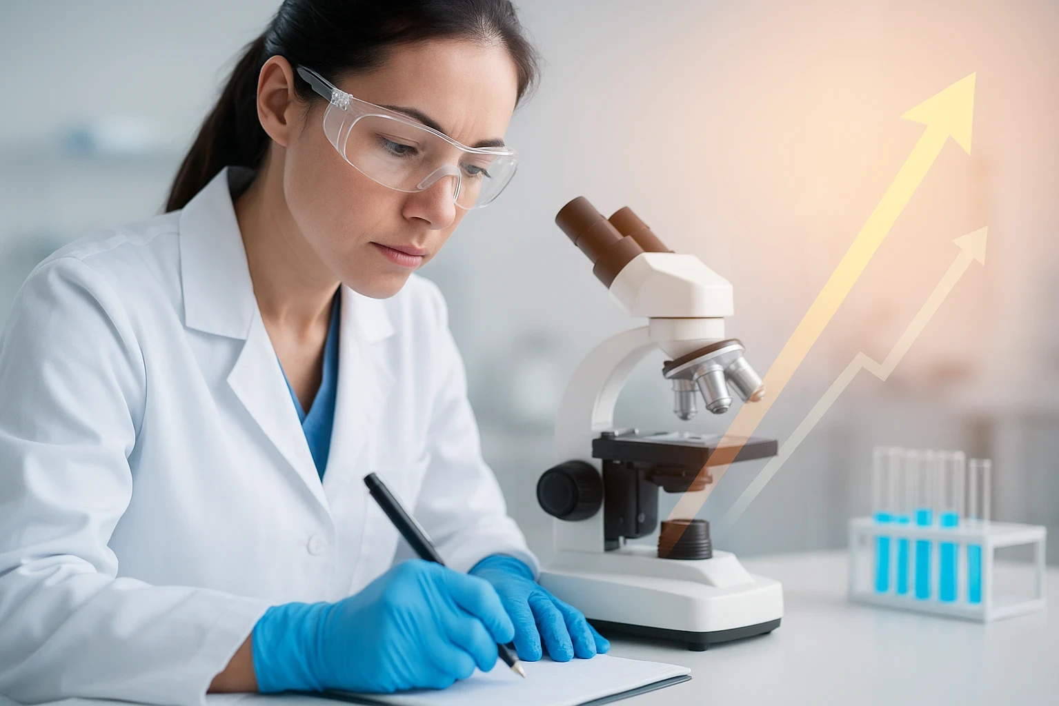 A scientist at a lab bench with a subtle overlay of upward arrows, charts, or a sunrise, symbolizing growth and progress.