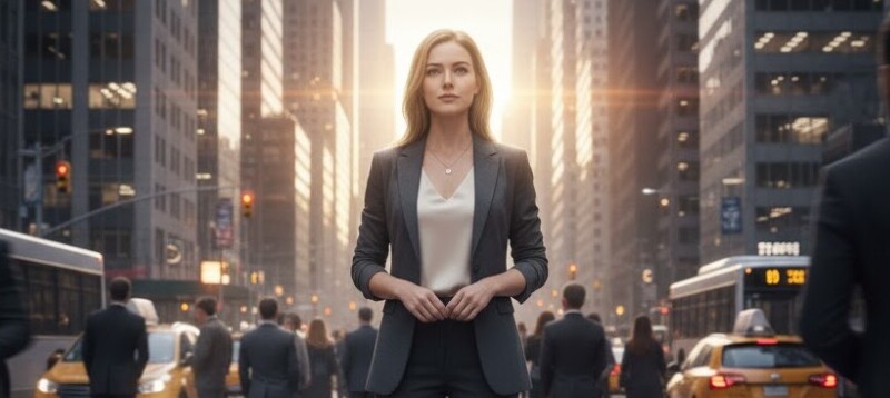 standing confidently in a bustling city street or a sleek modern office lobby, perhaps looking directly at the viewer with a calm, assured expression.