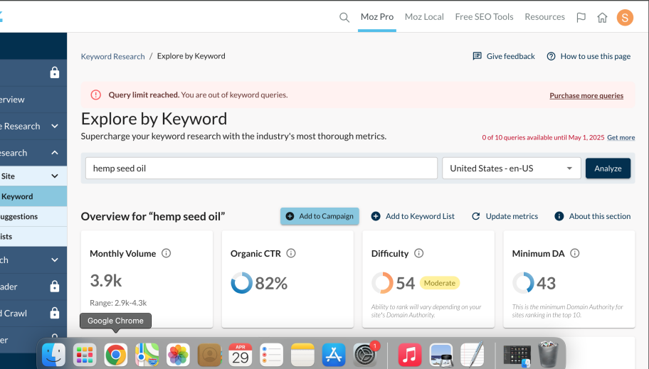 Moz's Explore Keyword tool in action