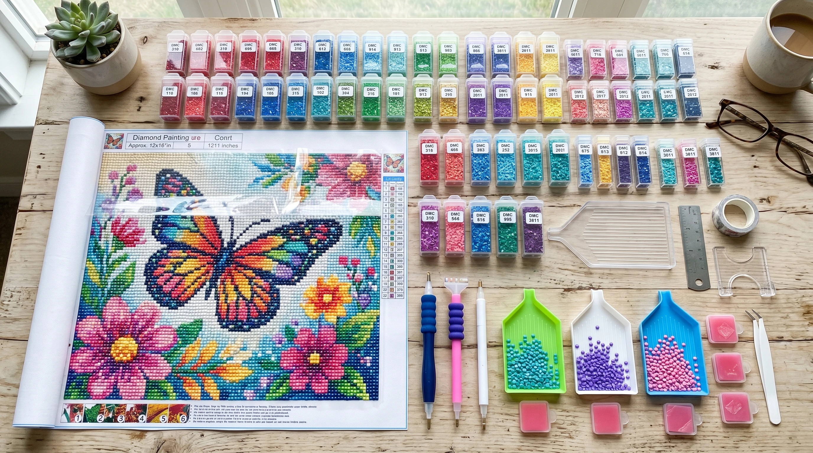 A close-up of a colorful diamond painting in progress, with sparkling drills and organized trays of supplies.