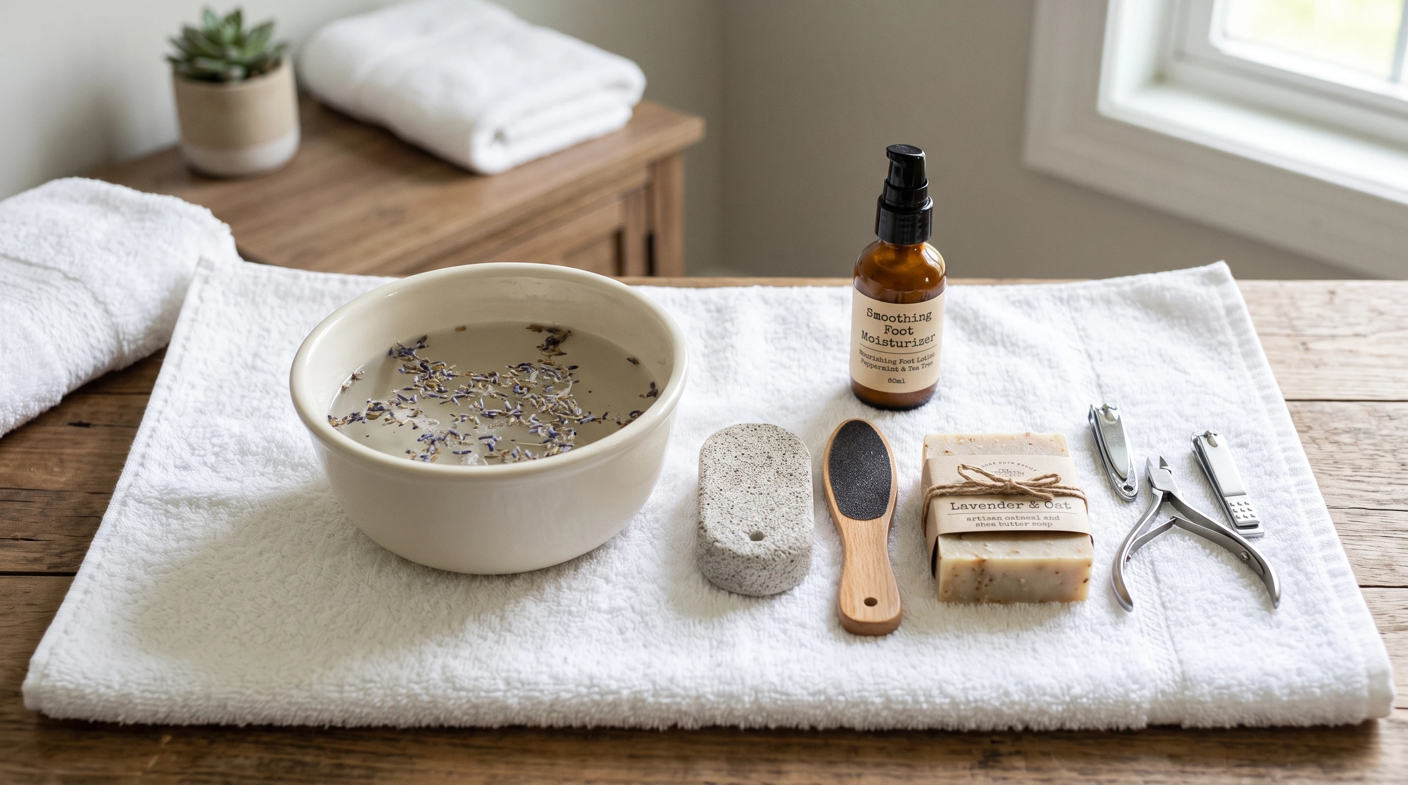 A neat arrangement of foot care supplies on a clean towel, including soap, moisturizer, a pumice stone, a foot file, nail clippers, and a small basin for soaking.