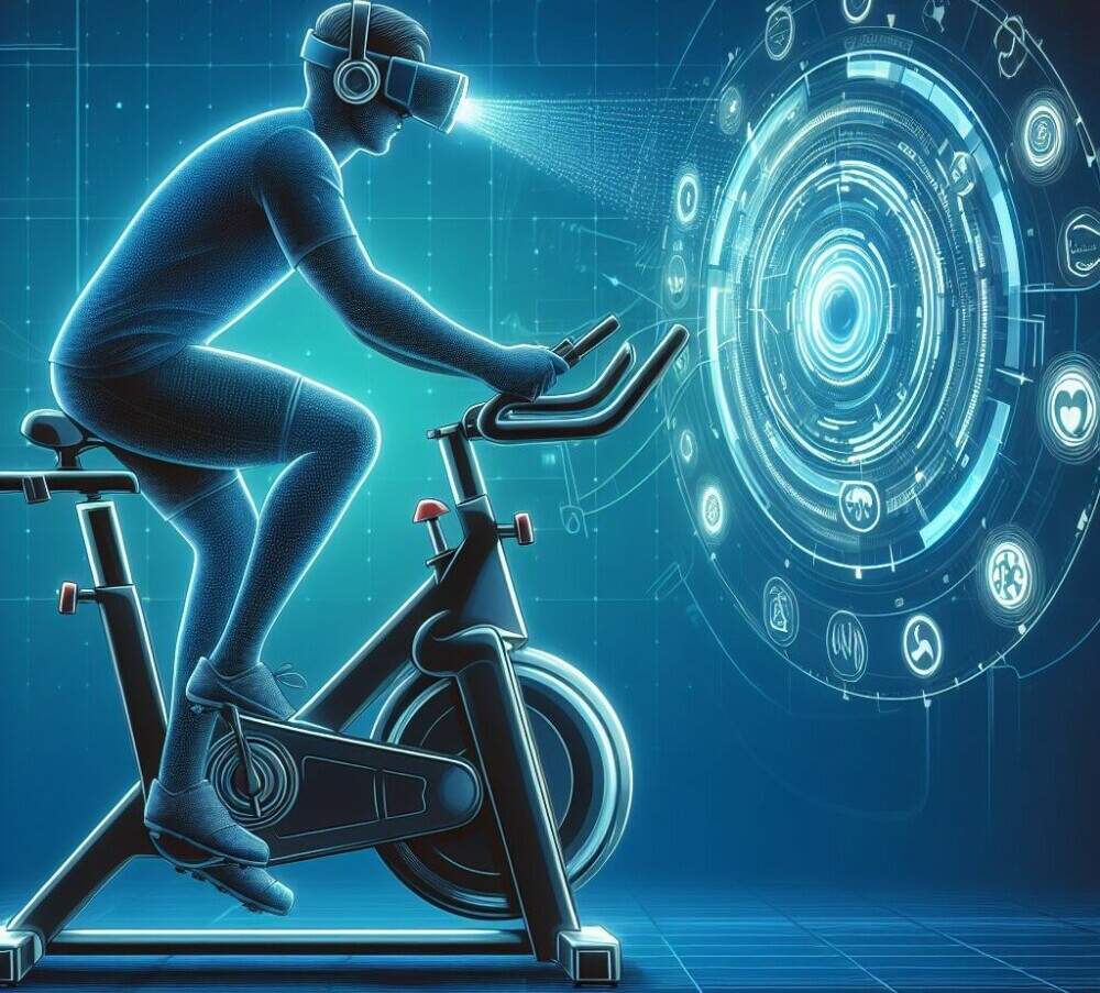 someone using a virtual reality headset while cycling on a smart exercise bike