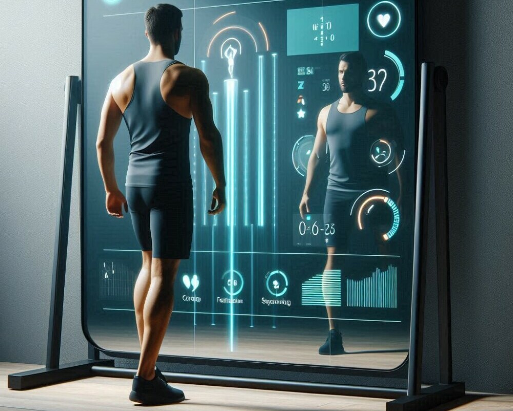 a smart mirror displaying a workout routine,